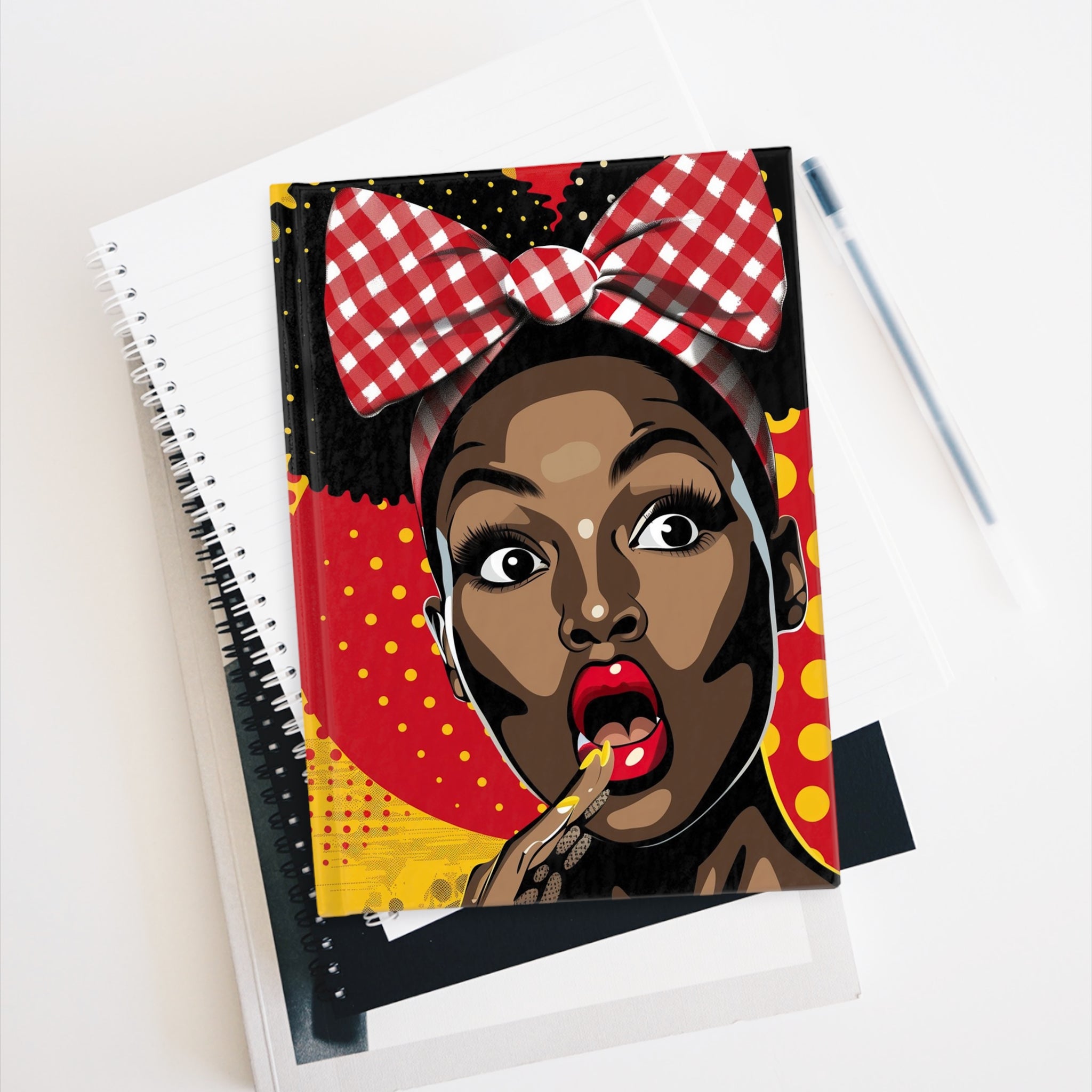Black Girl Shocked Journal with a pop art comic book style illustration, featuring a surprised Black woman. Afrocentric notebook for sketching, writing, or journaling.