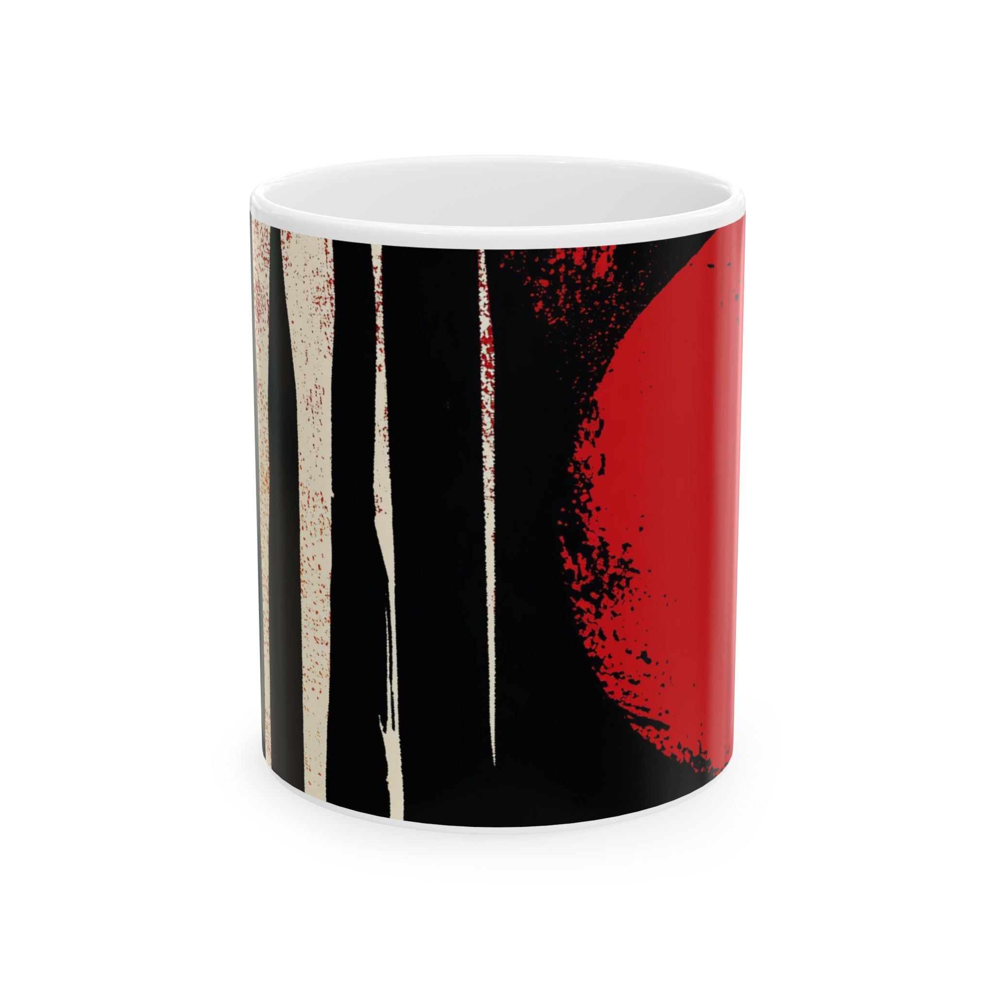 Front view of 11 oz. red, black and cream abstract art coffee mug featuring bold geometric circles, stripes, organic shapes and a Bauhaus-inspired modern design, displayed against a white background.