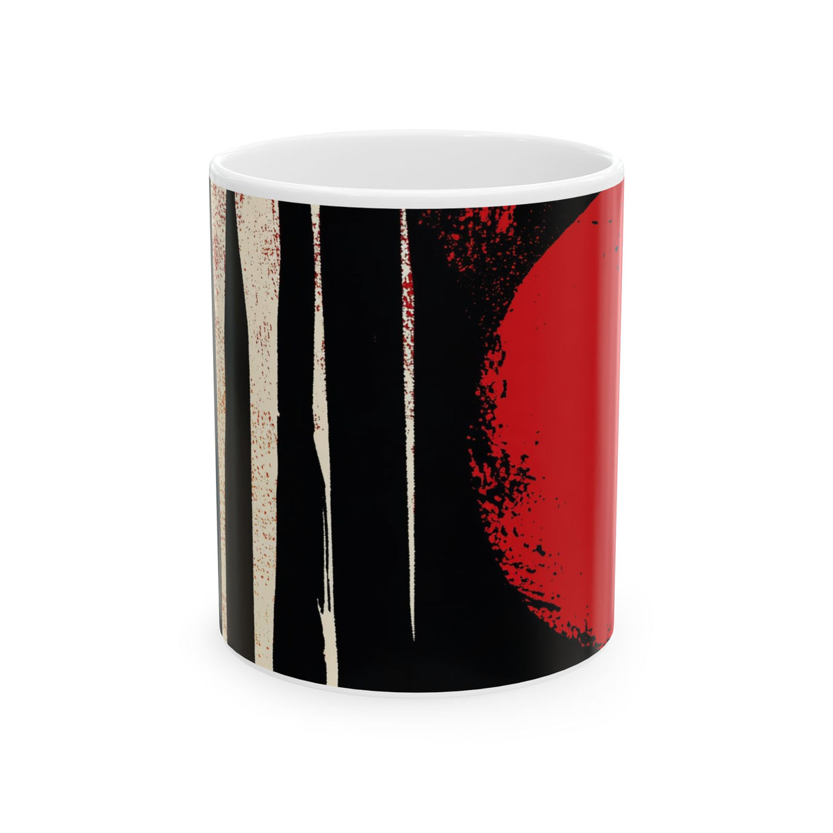 Front view of 11 oz. red, black and cream abstract art coffee mug featuring bold geometric circles, stripes, organic shapes and a Bauhaus-inspired modern design, displayed against a white background.