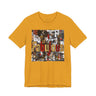 A mustard yellow short-sleeve crewneck t-shirt featuring a large rectangular graphic print on the front with the word 'Fabulous' in gold letters over a collage of images featuring a stylized Black female.