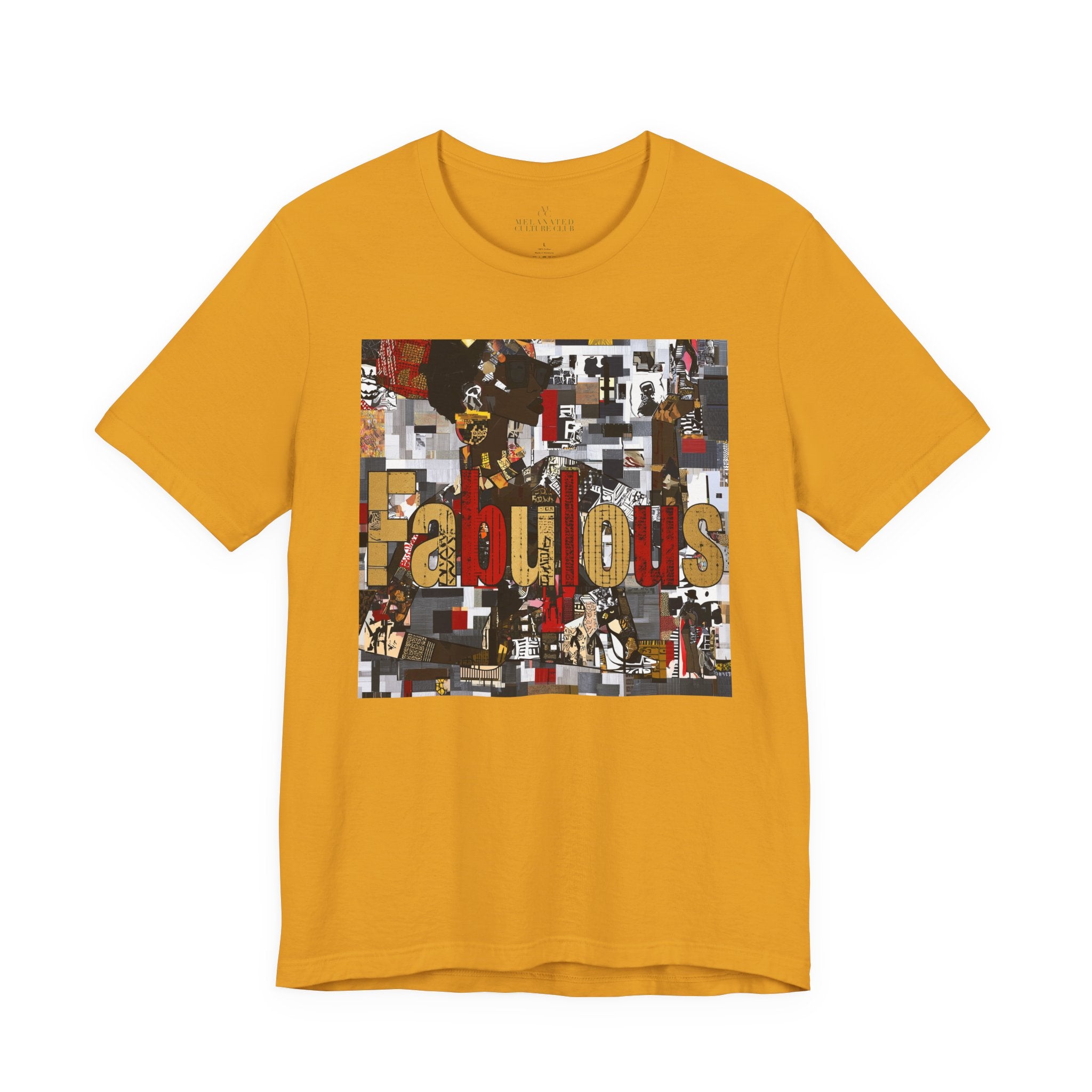 A mustard yellow short-sleeve crewneck t-shirt featuring a large rectangular graphic print on the front with the word 'Fabulous' in gold letters over a collage of images featuring a stylized Black female.