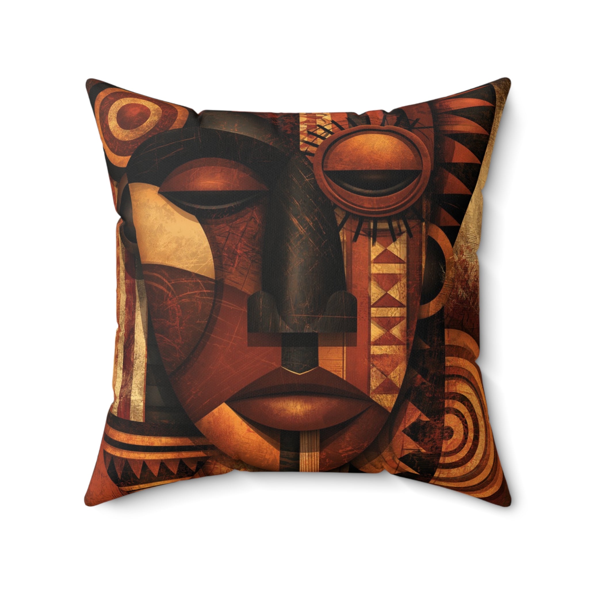 Abstract Afrocentric African Mask 20" x 20" throw pillow, reversed side, featuring a colorful tribal-inspired face with bold geometric patterns and vibrant cultural artwork displayed displayed against a white background.