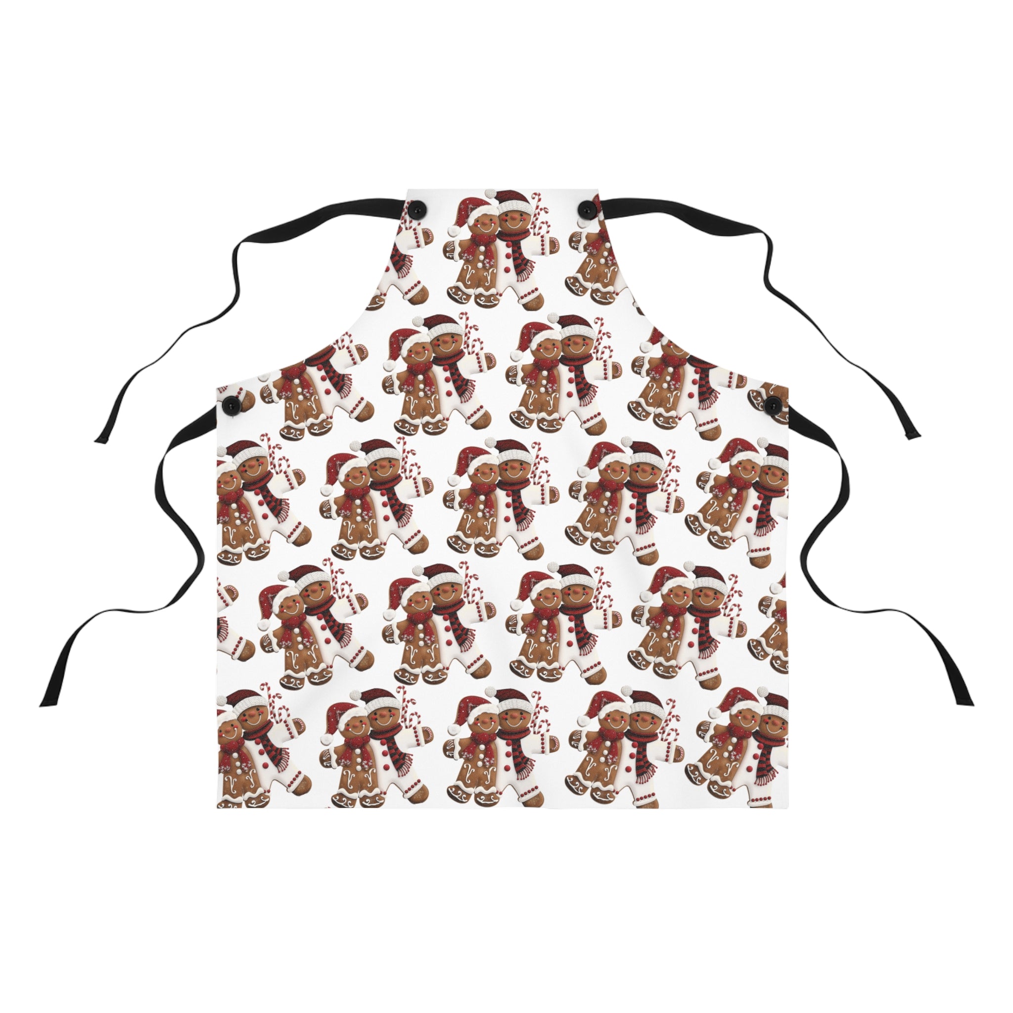Gingerbread Cookie Kitchen Apron featuring a festive gingerbread couple design, holiday baking apron for Christmas cooking, baking, and entertaining.