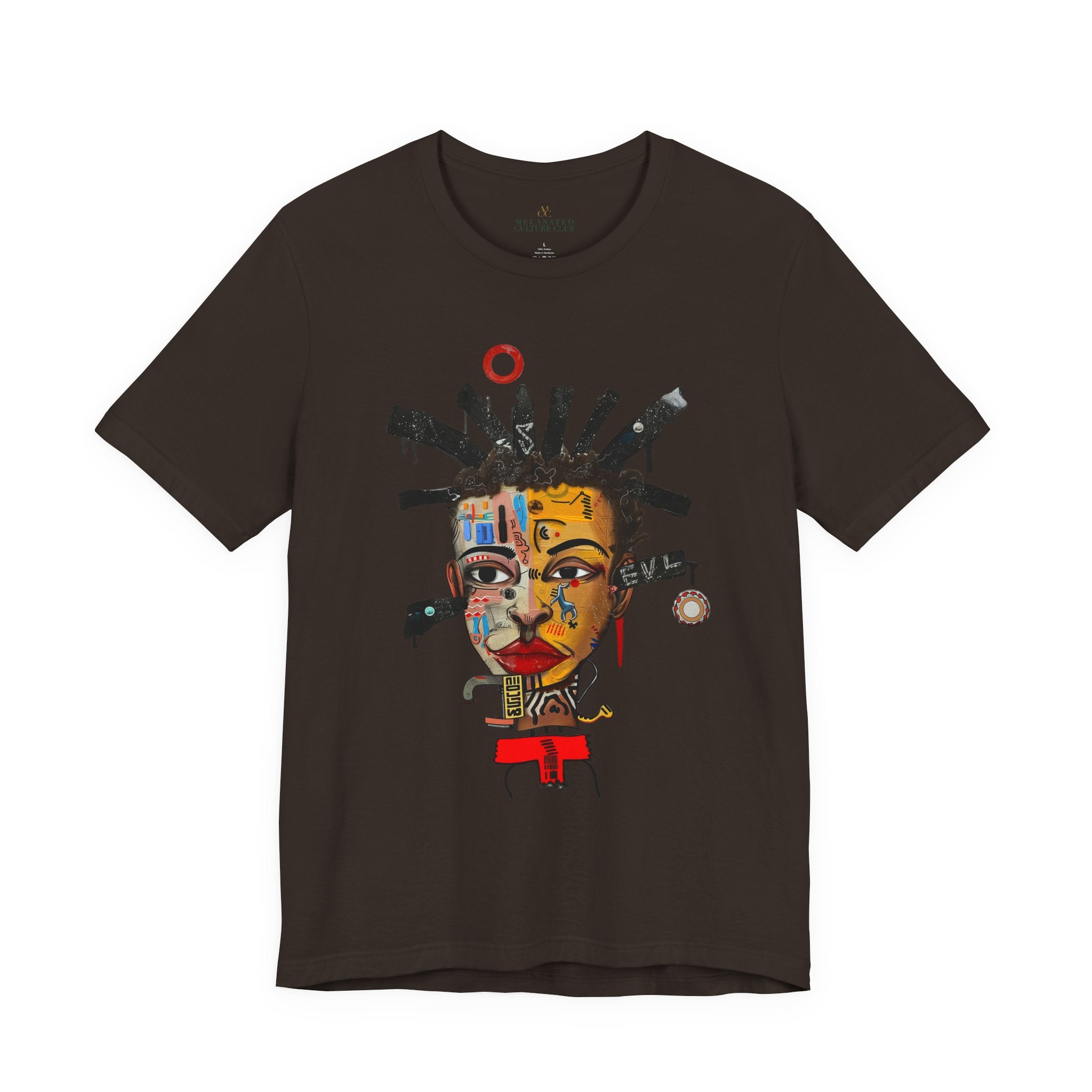 Abstract Afrocentric t-shirt featuring a split-face portrait of a Black man, half human and half robot, with expressive facial features and futuristic mechanical details in an Afrofuturism art style. Series 02