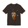 Abstract Afrocentric t-shirt featuring a split-face portrait of a Black man, half human and half robot, with expressive facial features and futuristic mechanical details in an Afrofuturism art style. Series 02