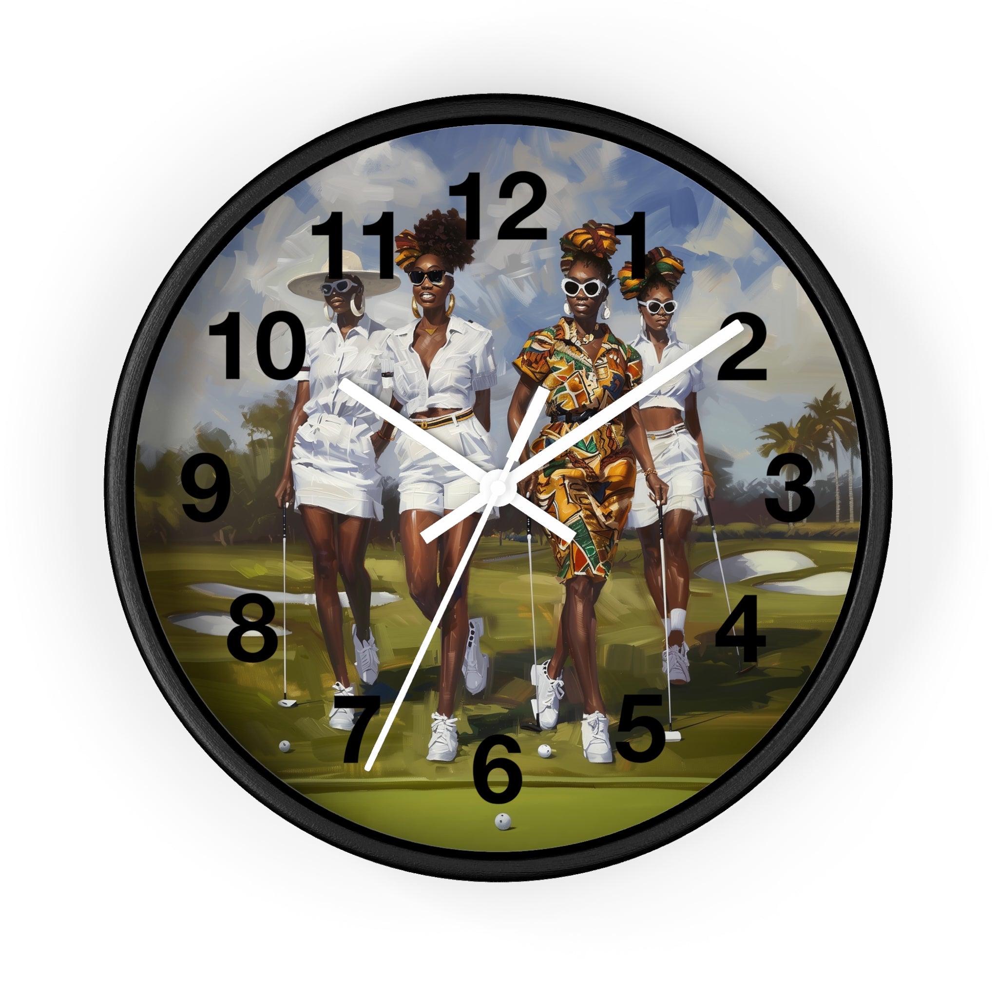 Round wall clock with a black frame and a printed illustration on the face showing four women in stylish outfits standing on a golf course. The clock has black Arabic numerals and white hands, photographed against a plain white background.