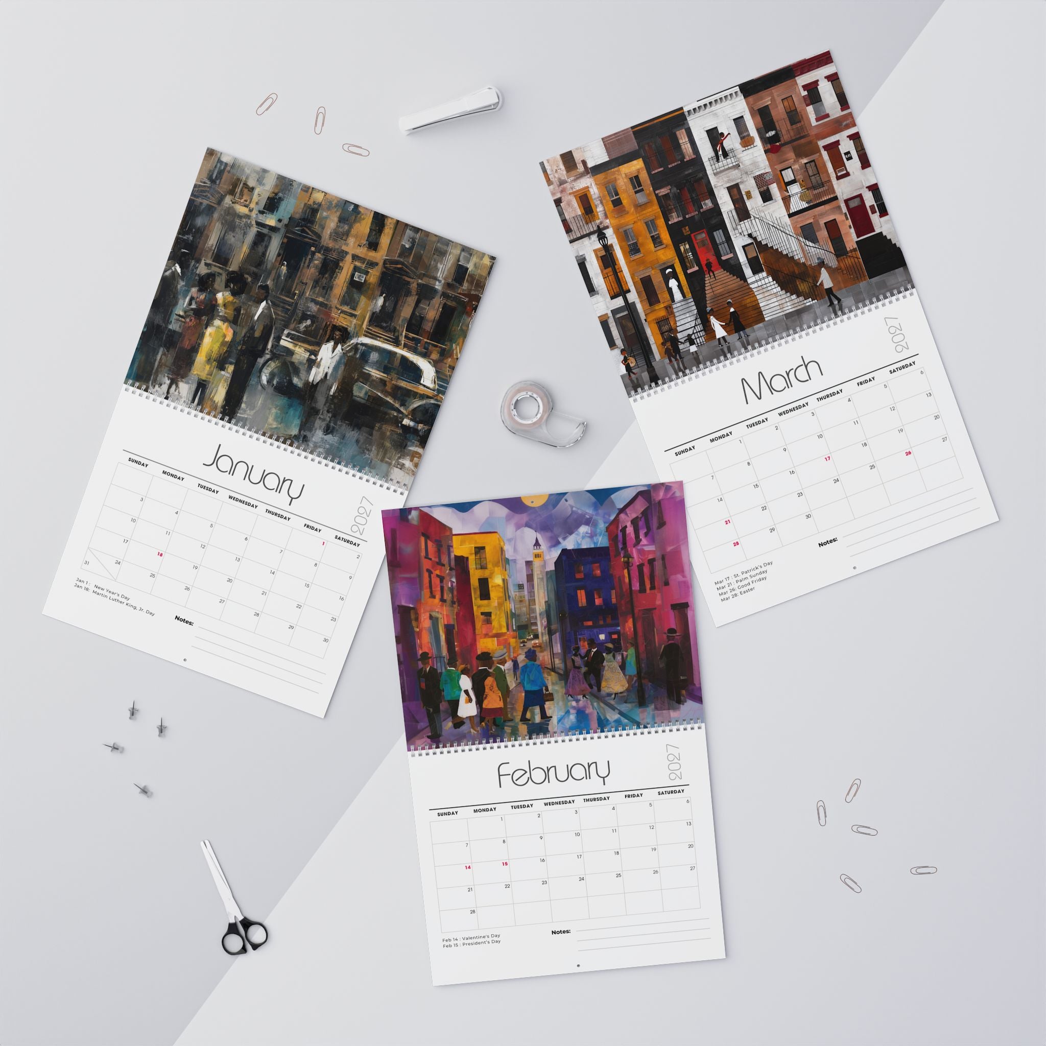 Three spiral-bound monthly calendars laid out on a light gray surface, each showing a colorful painted Harlem city street scene son the cover and a calendar grid page below. The visible months are January, February and March.