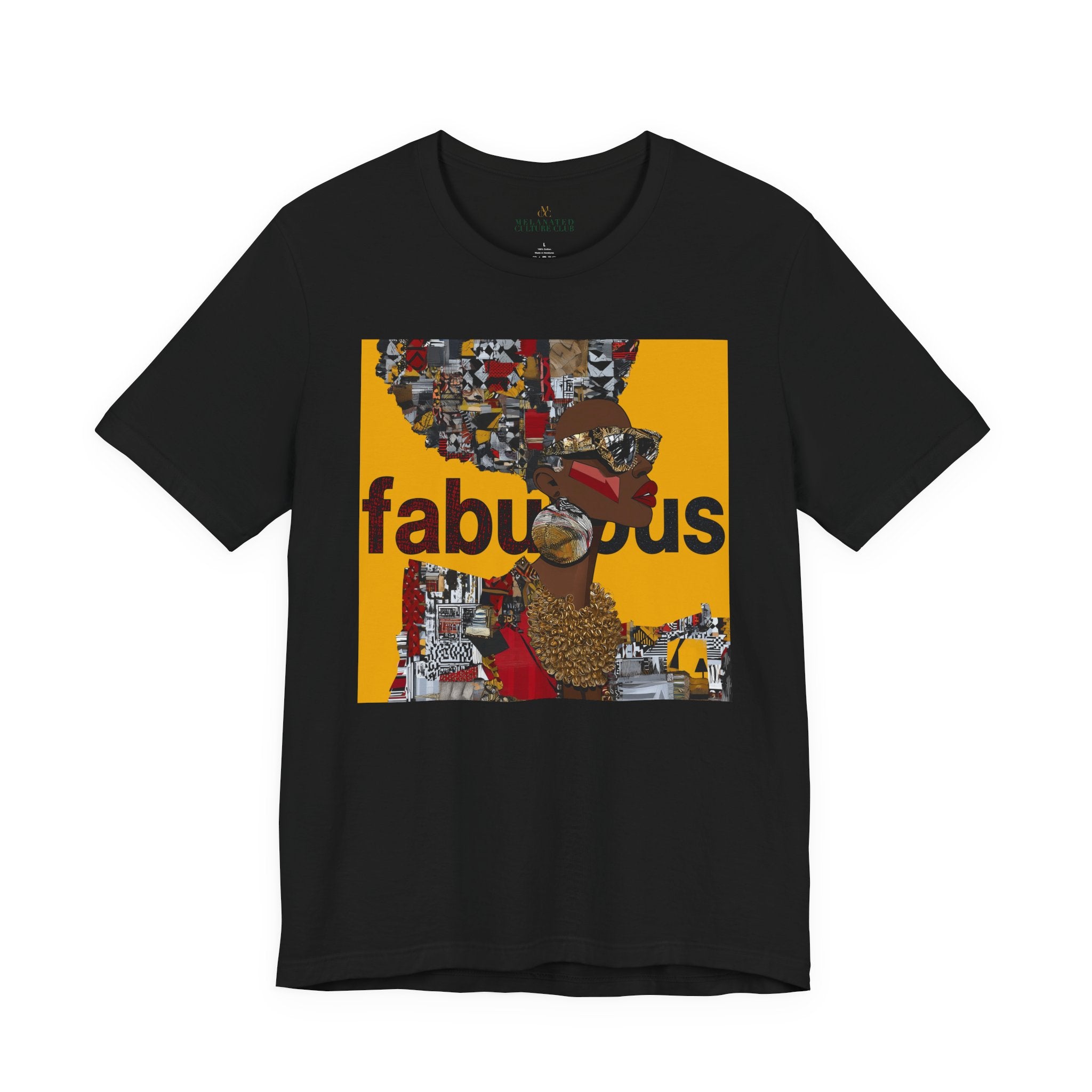 A black short-sleeve t-shirt featuring an Afrocentric Black woman with a large graphic print on the front with the word 'fabulous' in dark brown text over a collage of colorful objects.