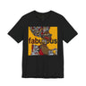A black short-sleeve t-shirt featuring an Afrocentric Black woman with a large graphic print on the front with the word 'fabulous' in dark brown text over a collage of colorful objects.