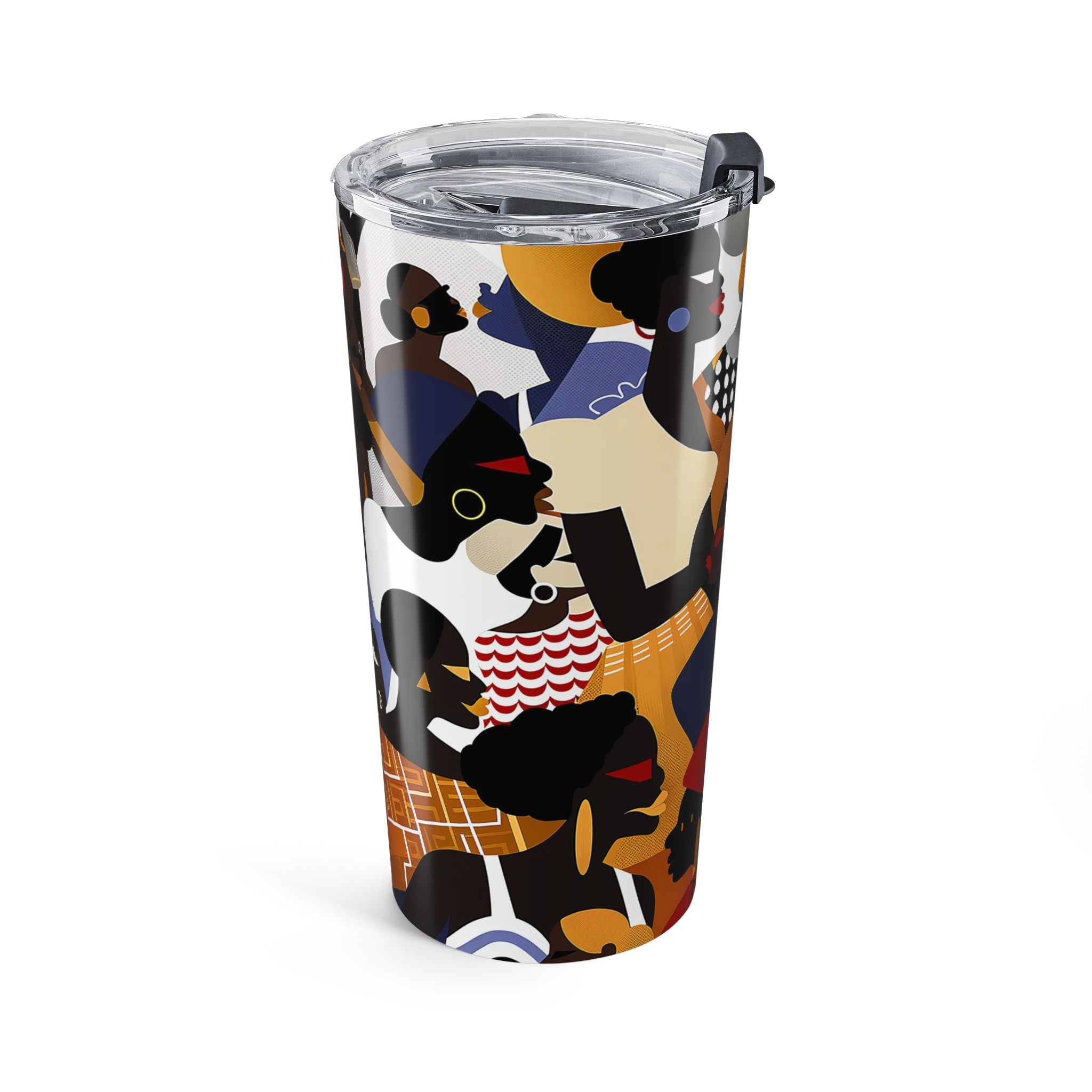 20 oz Juneteenth Family Reunion Celebration tumbler with colorful urban abstract art featuring Black family gathering imagery and clear push-on lid for hot and cold beverages