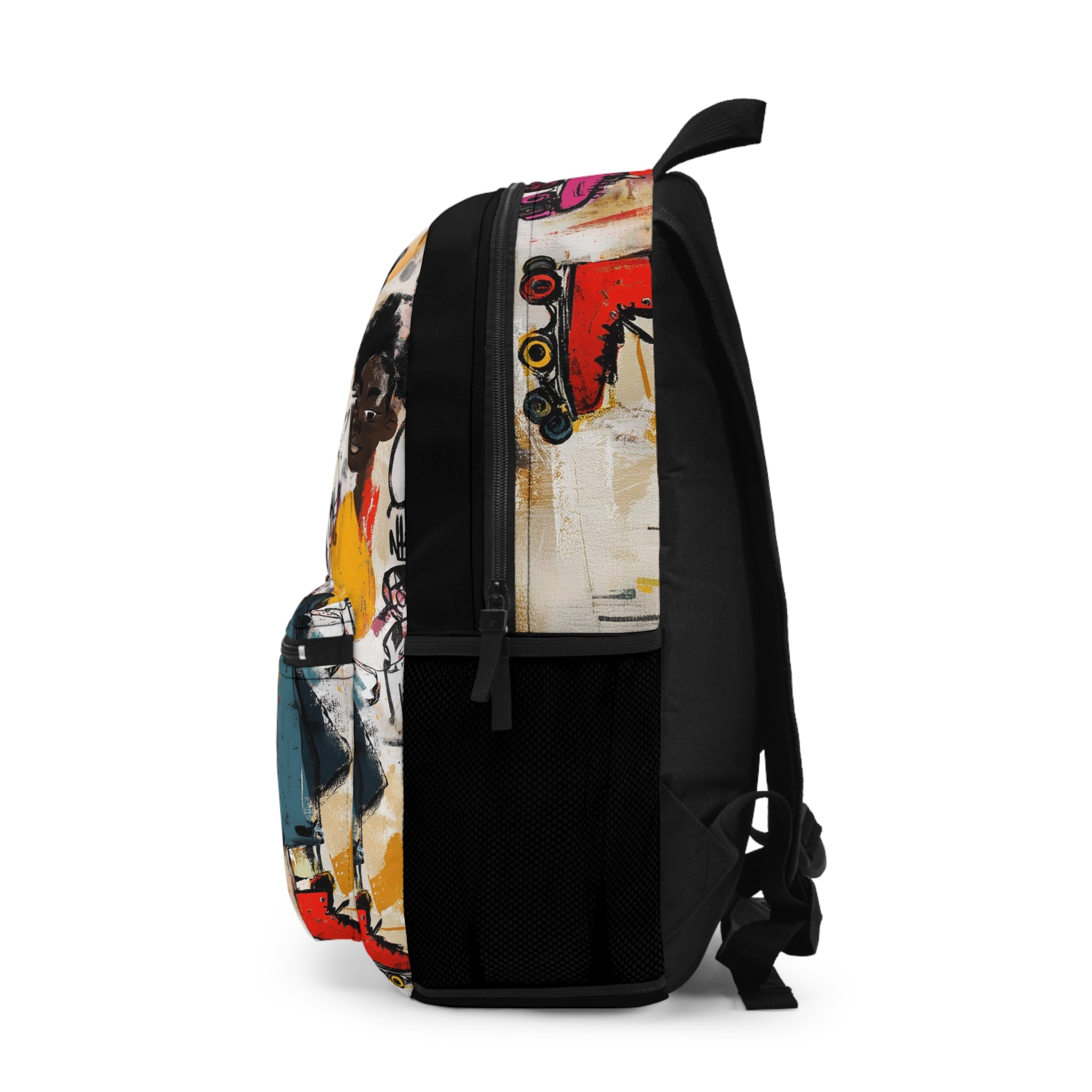 Right side view of a backpack with a black lower half and a side panel featuring an abstract graffiti-style print of Black teen roller skaters against a plain white background.