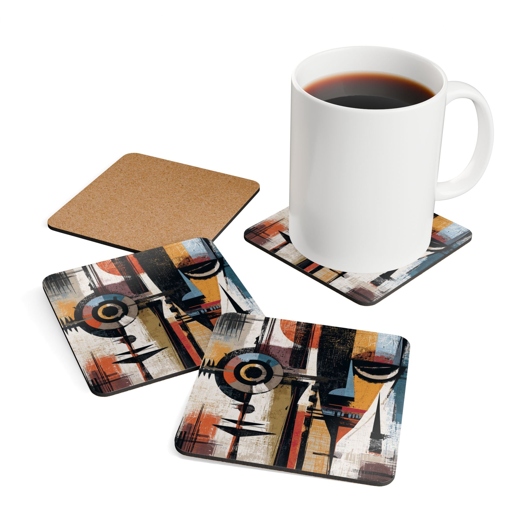Set of four African Mask beverage coasters featuring vibrant Afrocentric artwork with one coaster showing cork background, displayed with a white coffee mug against a white background.