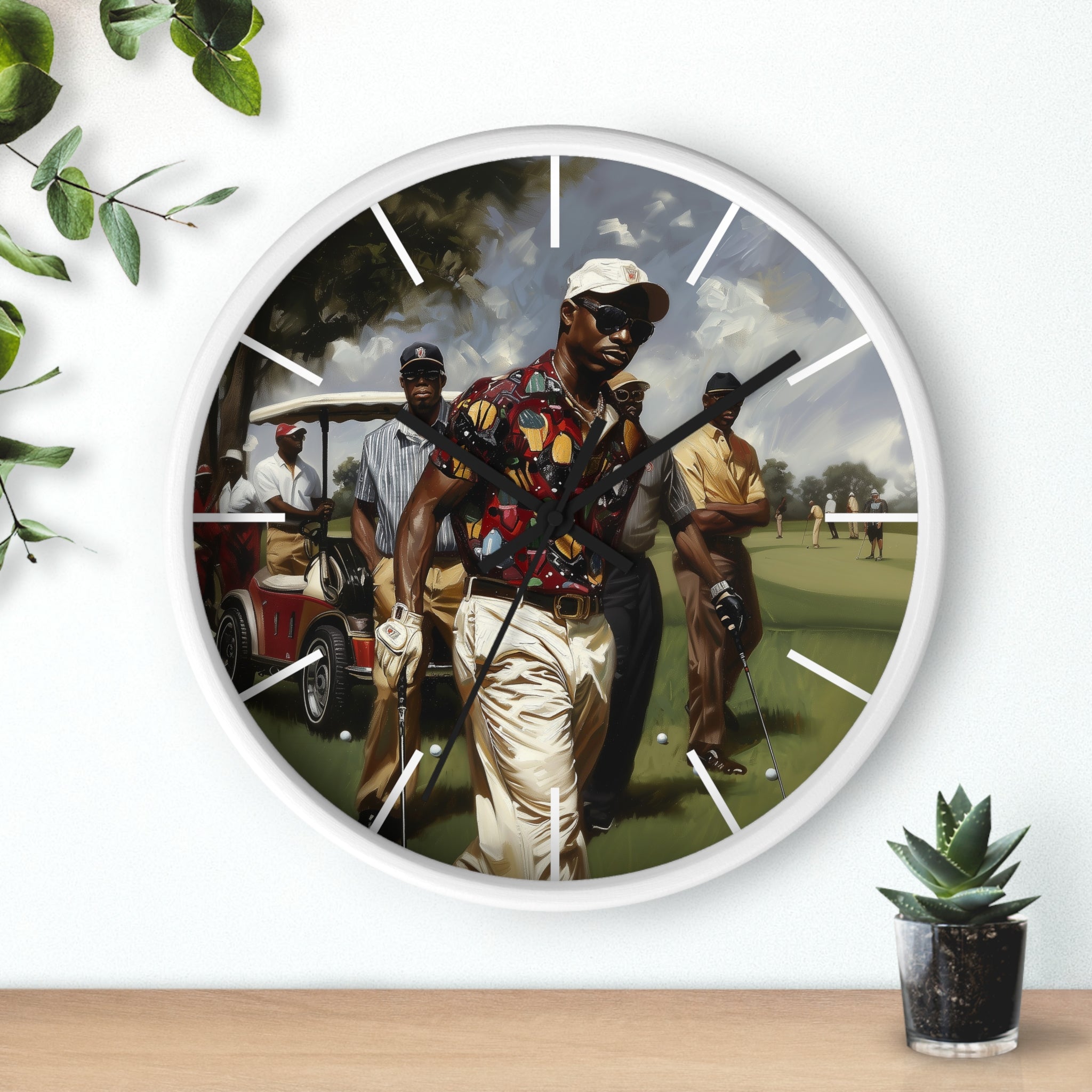 Round wall clock featuring Afrocentric artwork of stylish Black men playing golf on a lush green course, celebrating Black joy, leisure, and brotherhood in a modern fine art style.