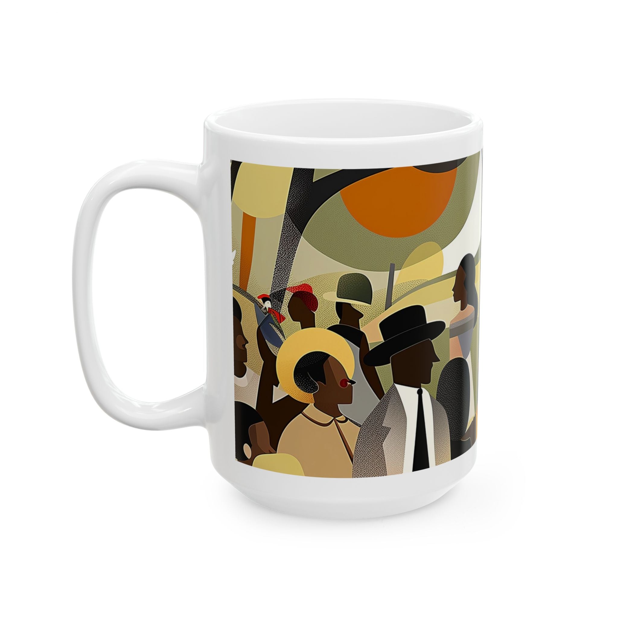 White ceramic mug with a colorful illustration of a group of people in a park. The illustration features people of different ages and skin tones wearing hats and clothing in various colors.