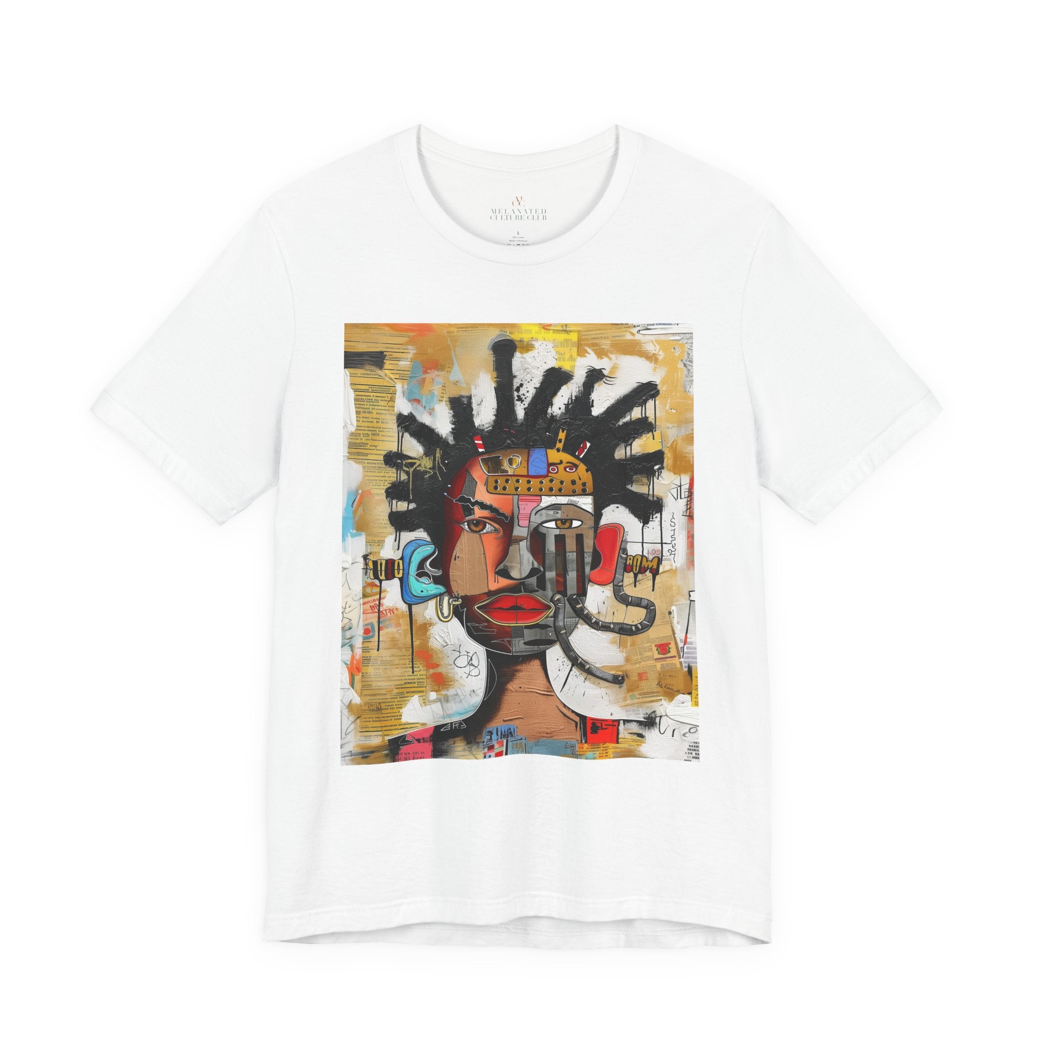 Abstract Afrocentric t-shirt featuring a split-face portrait of a Black man, half human and half robot, with expressive facial features and futuristic mechanical details in an Afrofuturism art style.