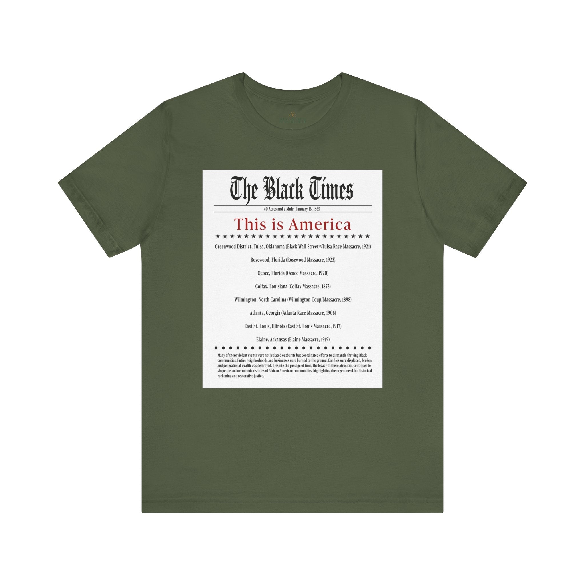 The Black Times Tee Shirt listing historical African American communities destroyed by mob violence, adult unisex Black history apparel.
