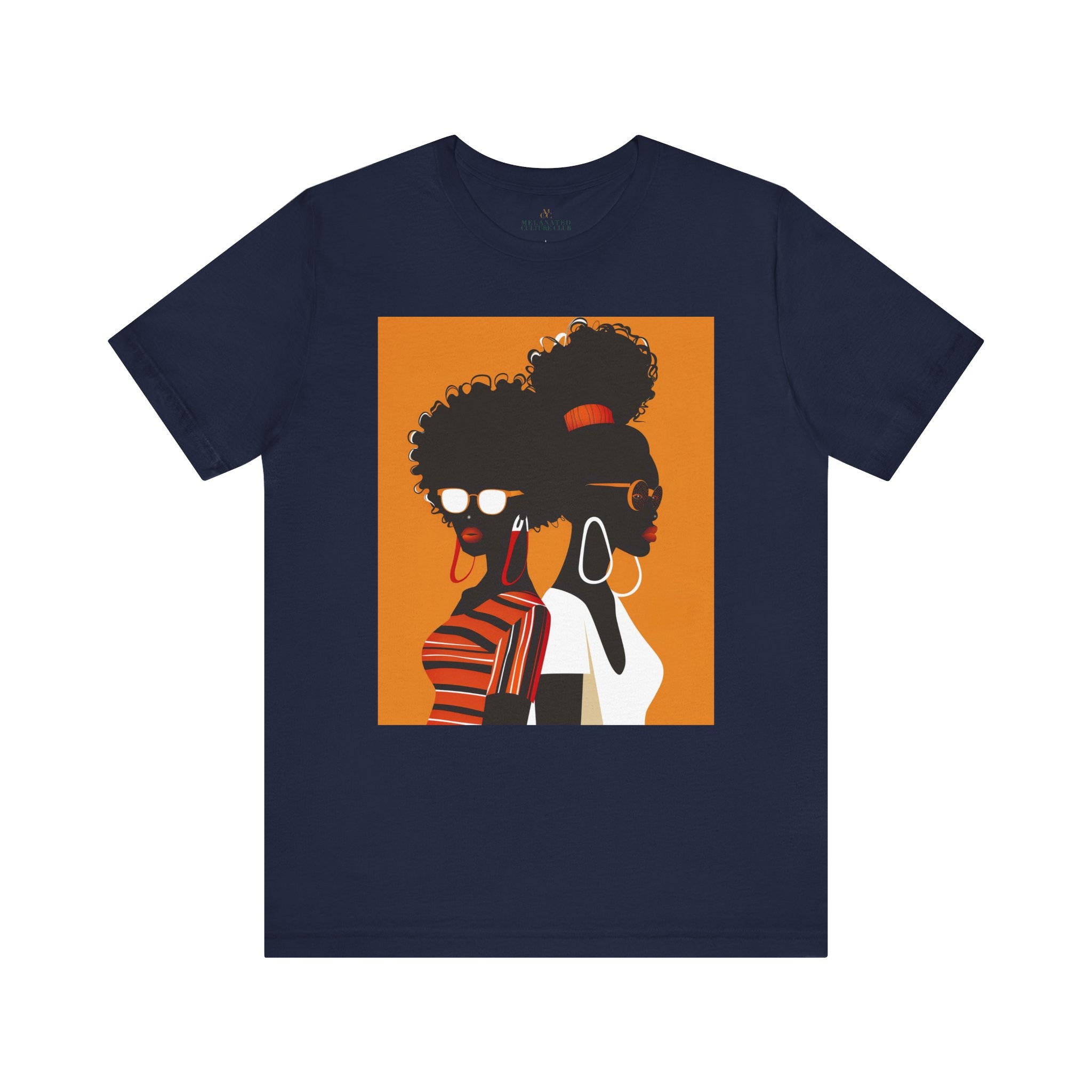Two Black Women silhouette wearing fashionable eyewear on an orange background, featured on an Afrocentric unisex tee shirt