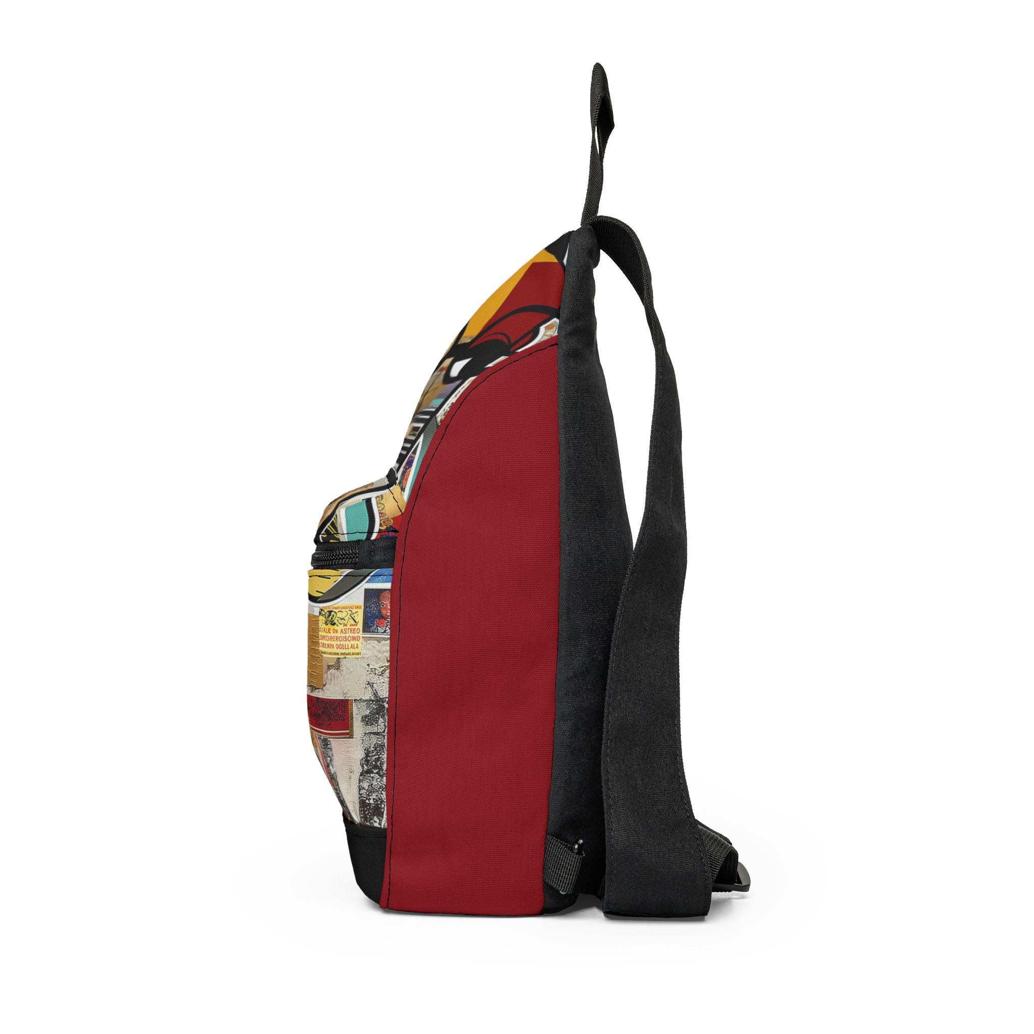 Latisha crossbody sling bag featuring an abstract cartoon-style Black woman with oversized round black eyeglasses in a vibrant Afrocentric graffiti art design celebrating Black girl magic and empowerment.
