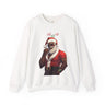 Black Santa Claus Sweatshirt featuring a sexy Afrocentric Santa design with skull cap and “Ho Ho Ho” lettering. Unisex holiday Christmas sweater celebrating African American Santa Claus style.