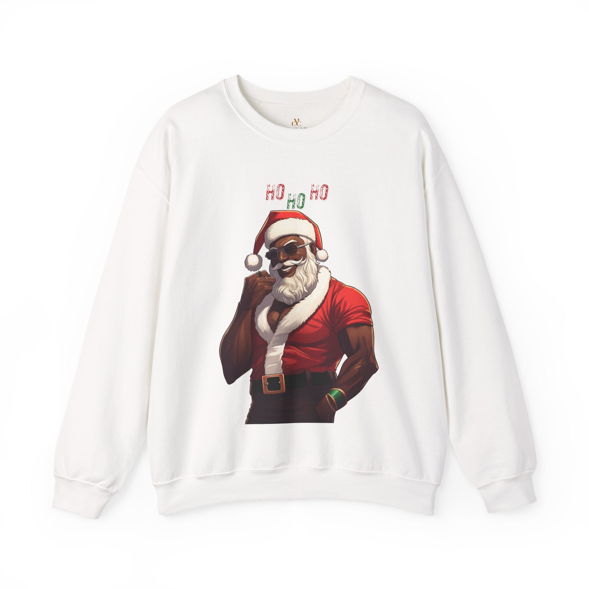 Black Santa Claus Sweatshirt featuring a sexy Afrocentric Santa design with skull cap and “Ho Ho Ho” lettering. Unisex holiday Christmas sweater celebrating African American Santa Claus style.