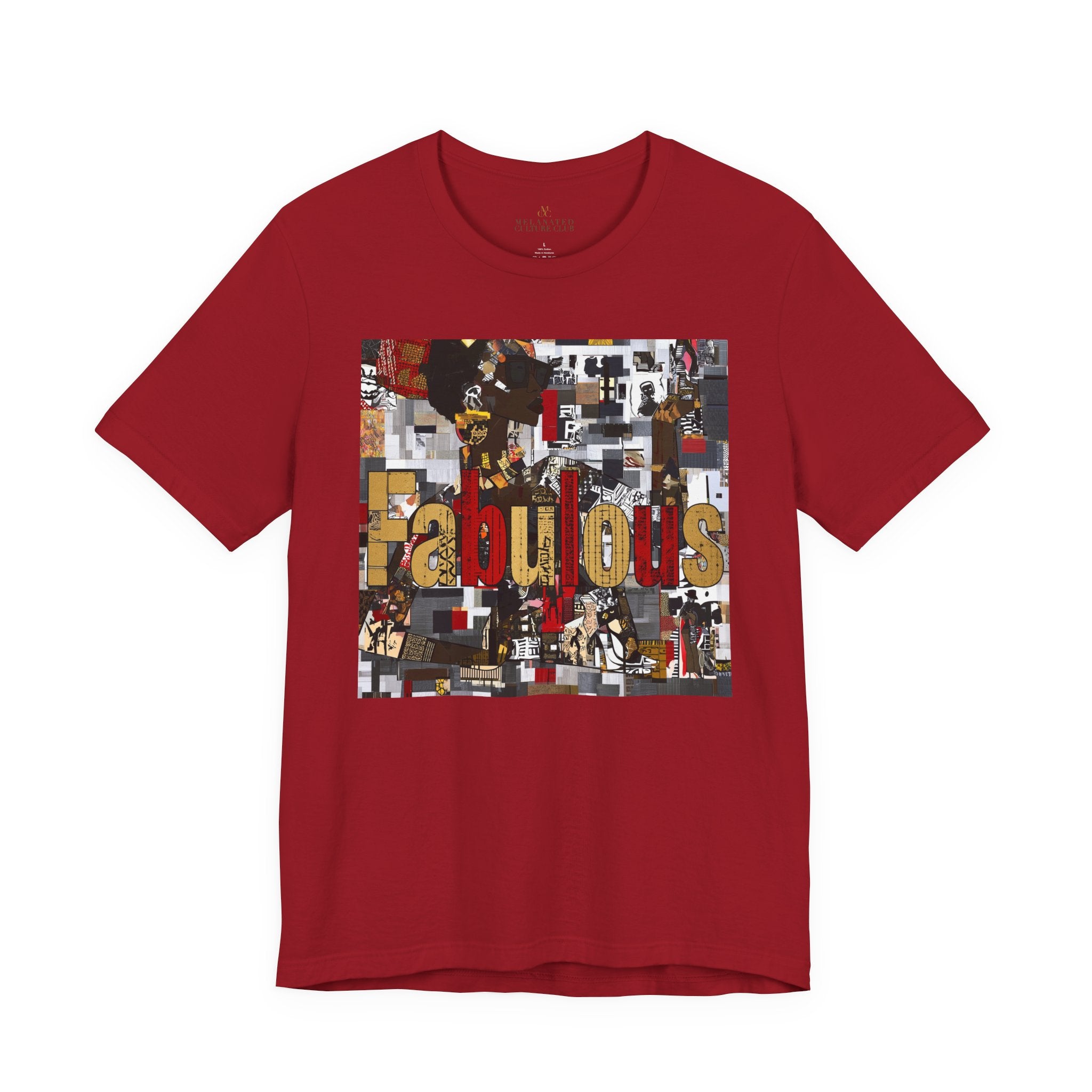 A bright red short-sleeve crewneck t-shirt featuring a large rectangular graphic print on the front with the word 'Fabulous' in gold letters over a collage of images featuring a stylized Black female.