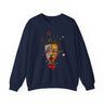 Abstract Afrocentric sweatshirt featuring a split-face portrait of a Black man, half human and half robot, with expressive facial features and futuristic mechanical details in an Afrofuturism art style.