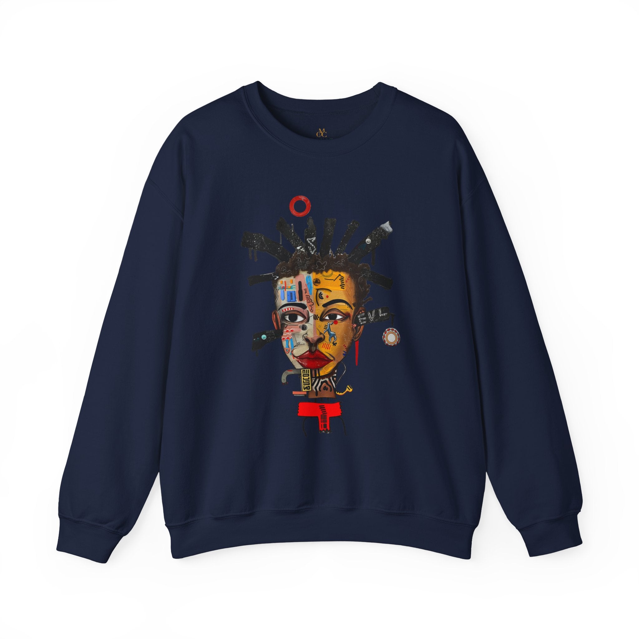 Abstract Afrocentric sweatshirt featuring a split-face portrait of a Black man, half human and half robot, with expressive facial features and futuristic mechanical details in an Afrofuturism art style.