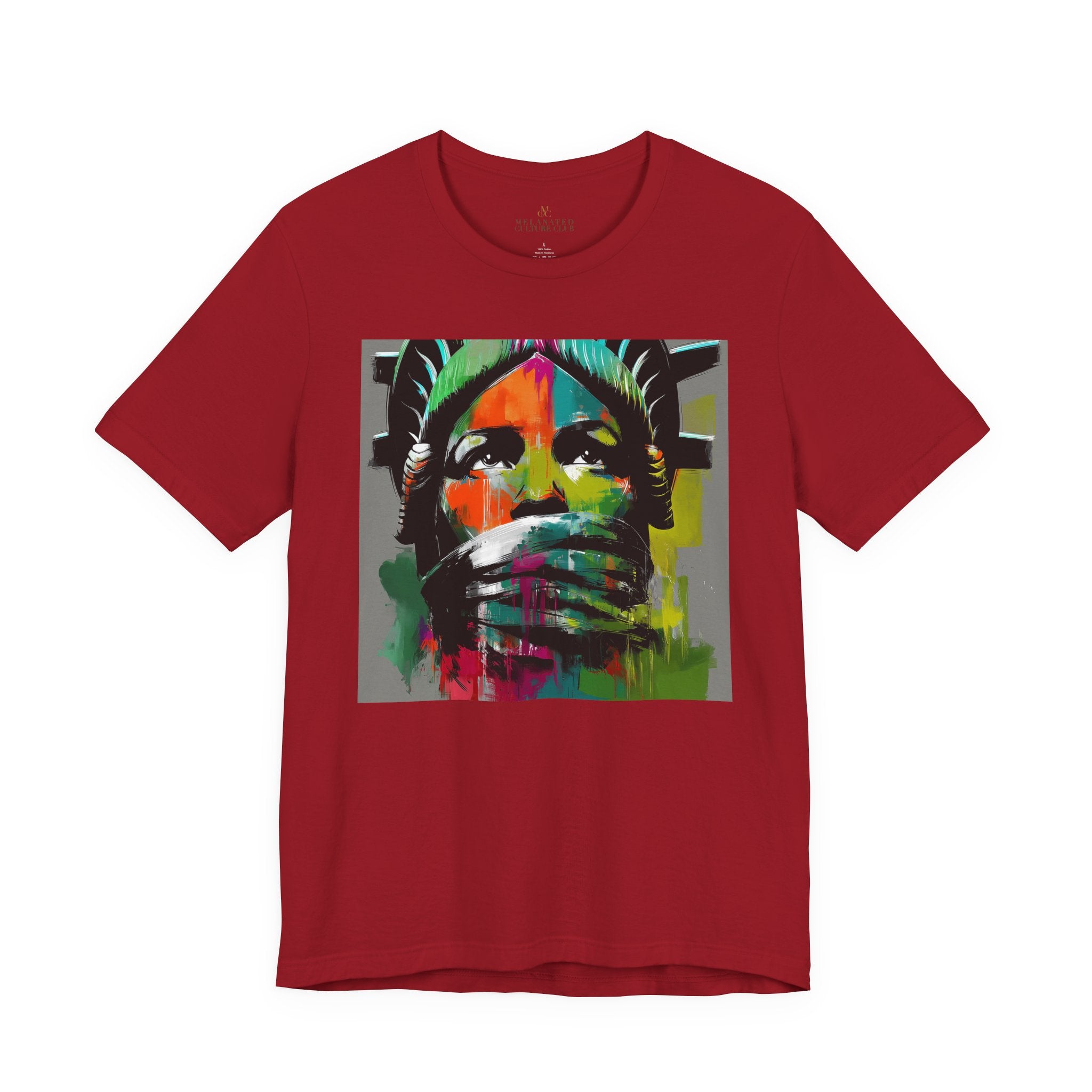 Black woman depicted as Statue of Liberty with mouth covered by white cloth symbolizing silenced freedom of speech First Amendment protest art on tee shirt