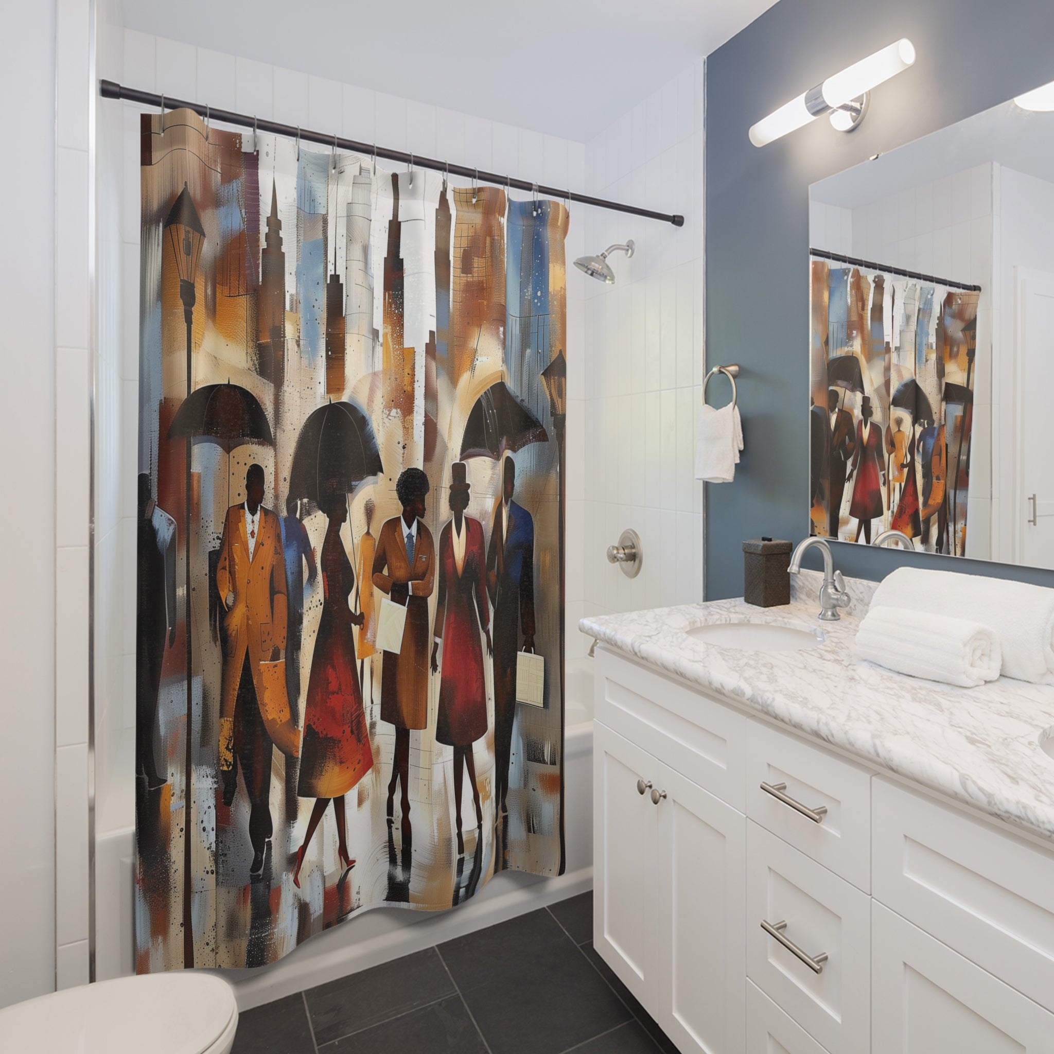New York City Rainy Day shower curtain featuring Afrocentric abstract art of people walking in the rain during NYC rush hour with umbrellas and city skyline.