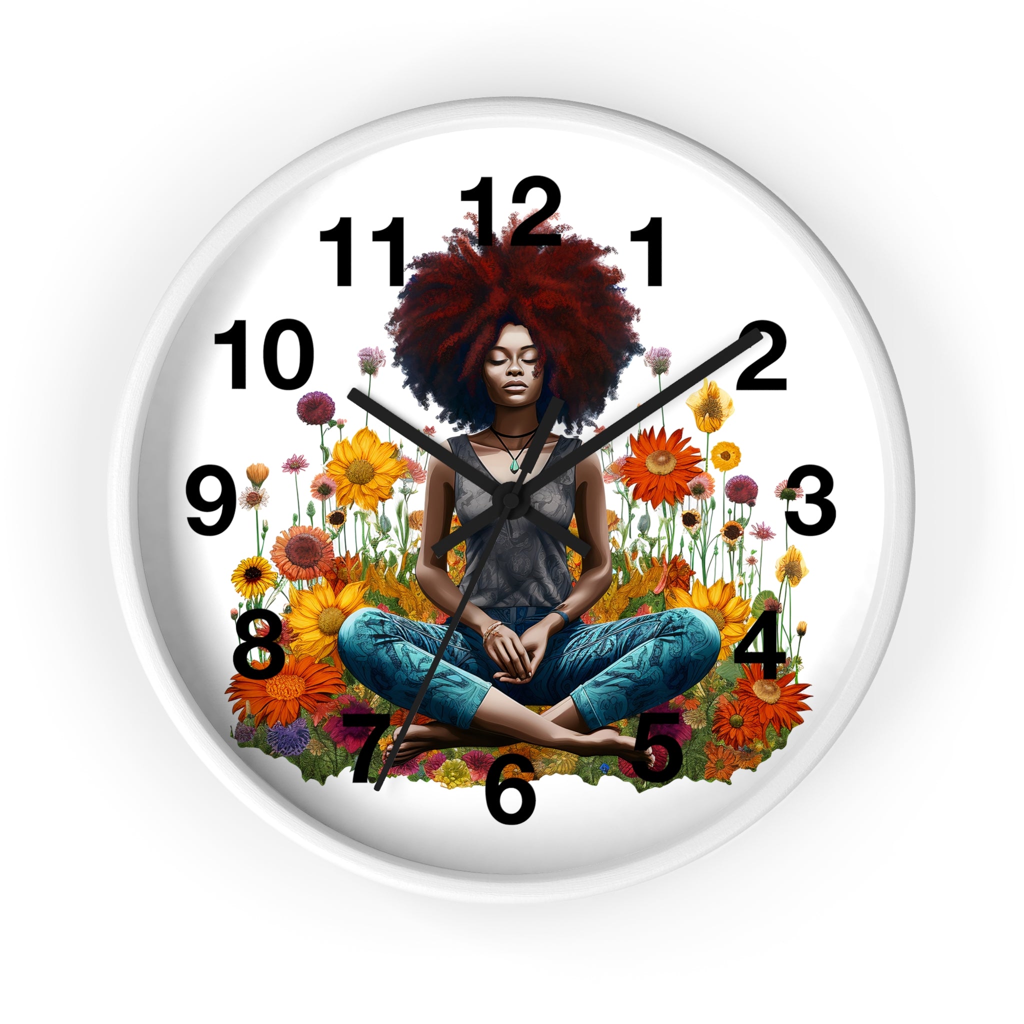 Black Female Yoga Round Wall Clock featuring an Afrocentric woman in meditation pose. Modern Yogi art clock for yoga studio, spa, or peaceful home decor.