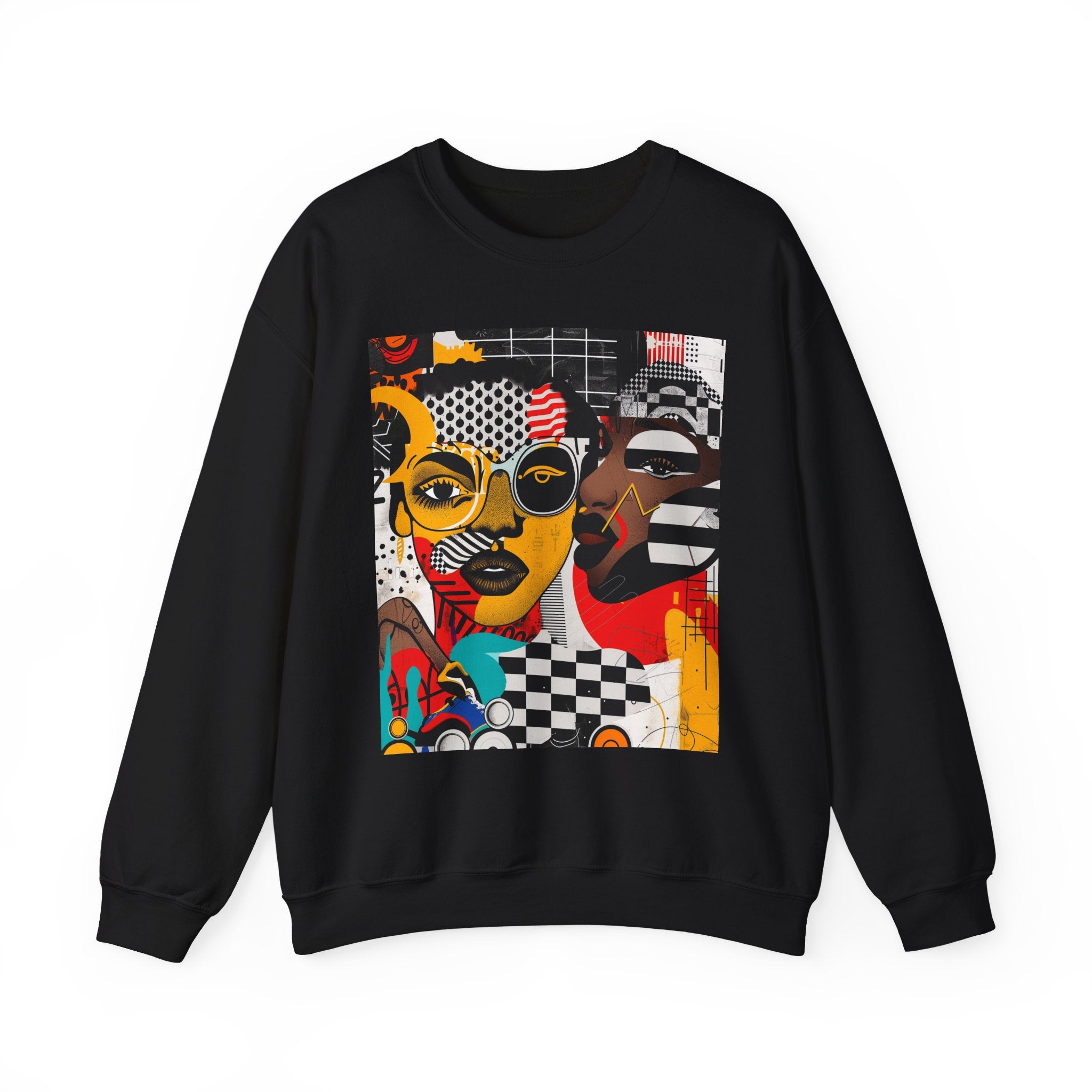 Black Women Collage Art Sweatshirt featuring a vibrant multidimensional “Soul Sister” pop art design in bold colors, Afrocentric graphic crewneck celebrating cultural pride and heritage.