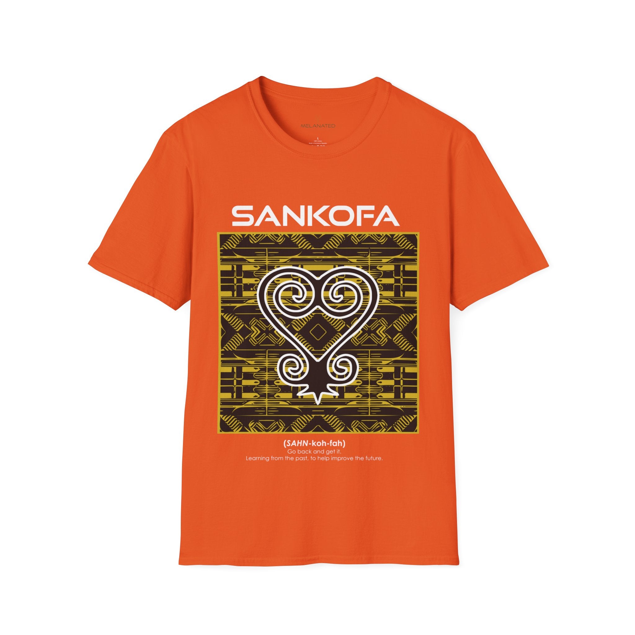 Adinka Sankofa African Tee Shirt in orange.
