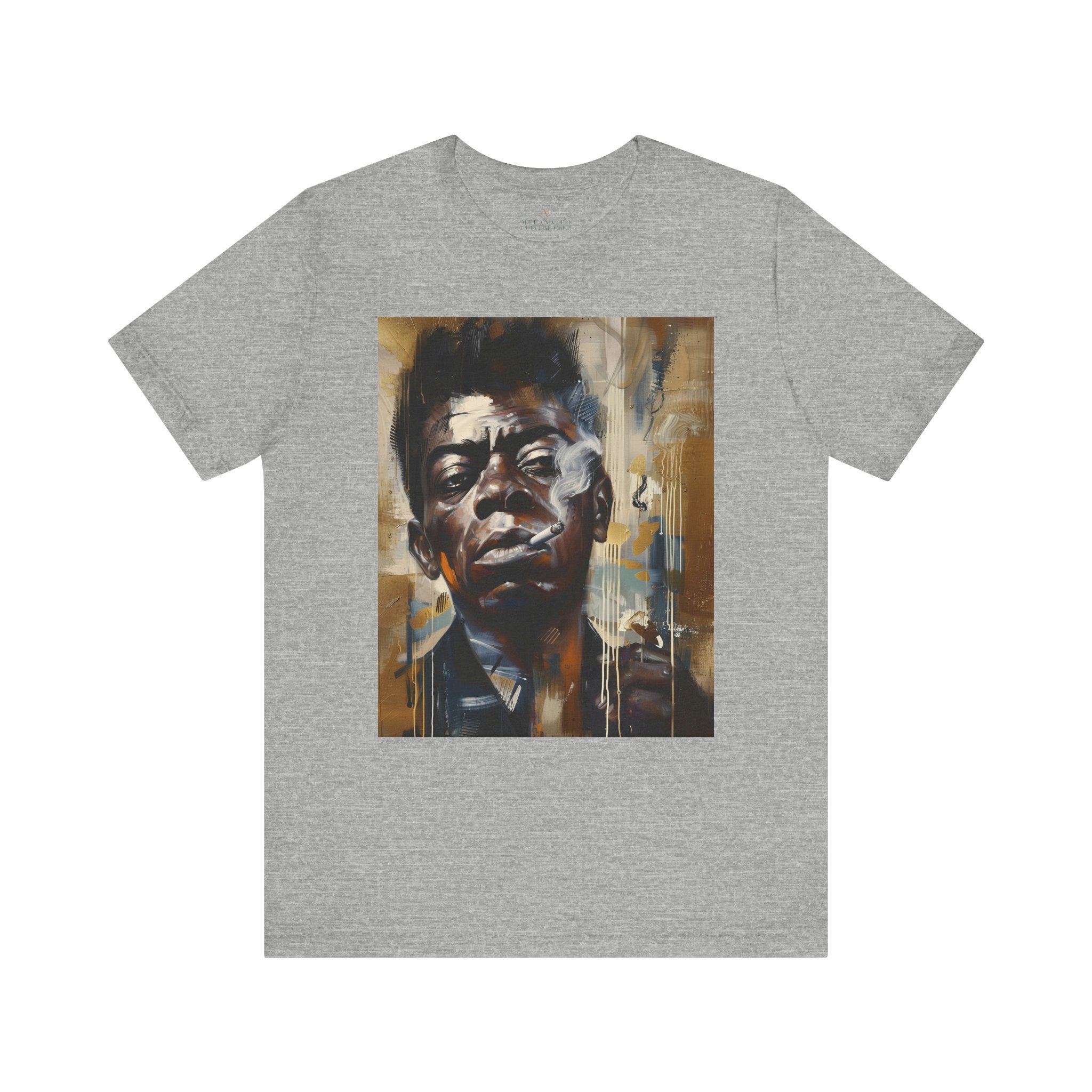 James Baldwin Tee Shirt featuring African American civil rights activist, bold Afrocentric streetwear design, unisex Black culture fashion top.