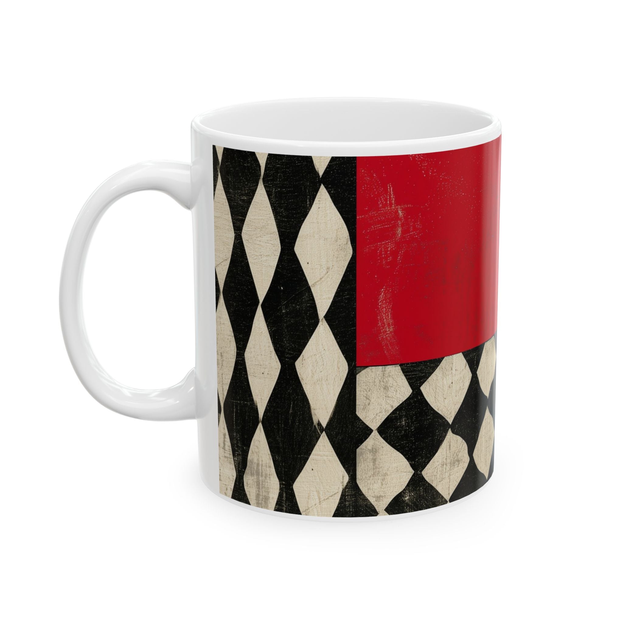 Left handle view of an 15 oz  Afrocentric geometric coffee mug featuring creme, black and red abstract shapes, arches, stripes and checkerboard patterns, displayed against a white background.