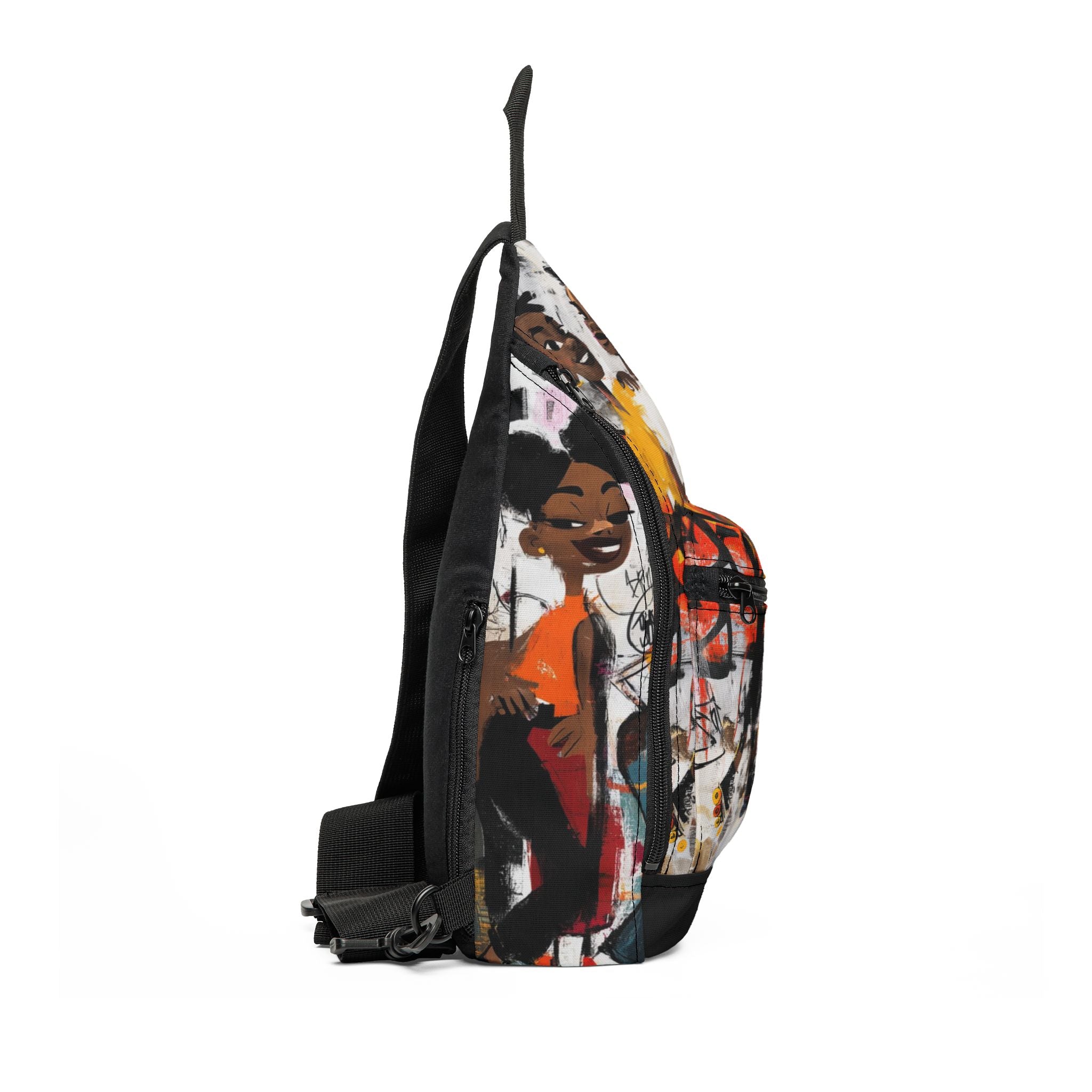 Left side view of an afrocentric crossbody sling bag featuring colorful graffiti-style artwork of joyful Black teen roller skaters.