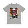 Black Woman Shock Pop Art Tee Shirt featuring an Afrocentric retro comic style illustration of a surprised Black woman. Bold psychedelic colors and vintage streetwear design celebrating African American fashion and expressive art.