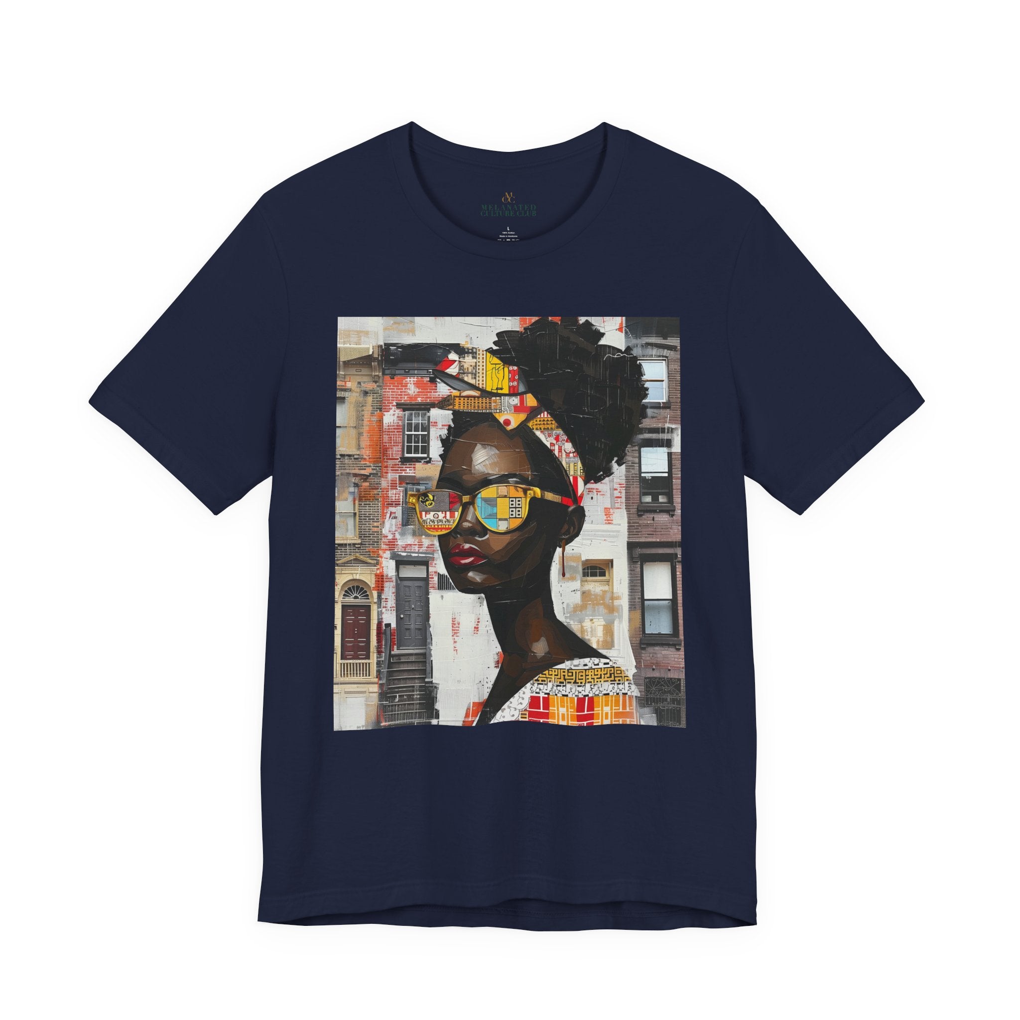 Boss Babe Kendra abstract graffiti T-shirt in navy against a white background.