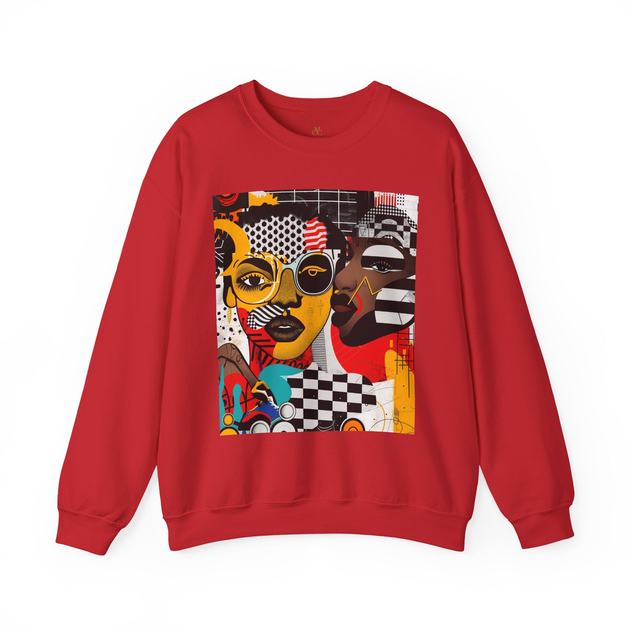Black Women Collage Art Sweatshirt featuring a vibrant multidimensional “Soul Sister” pop art design in bold colors, Afrocentric graphic crewneck celebrating cultural pride and heritage.