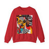 Black Women Collage Art Sweatshirt featuring a vibrant multidimensional “Soul Sister” pop art design in bold colors, Afrocentric graphic crewneck celebrating cultural pride and heritage.