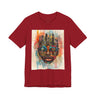 Afrocentric graphic t-shirt featuring an abstract African mask blended with the New York City skyline in a colorful watercolor style design celebrating Black culture and NYC pride.