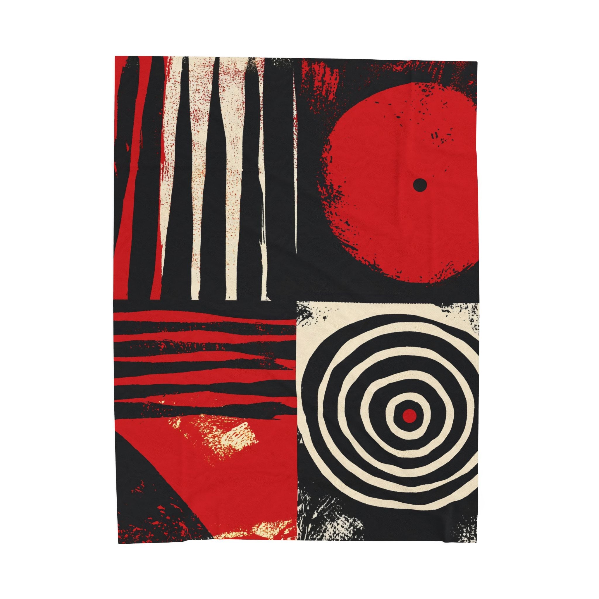 Full layout of Afrocentric geometric art throw blanket featuring bold black, red, gold, cream, and neutral abstract patterns with circles, spirals, grids, and textured African-inspired geometric shapes.