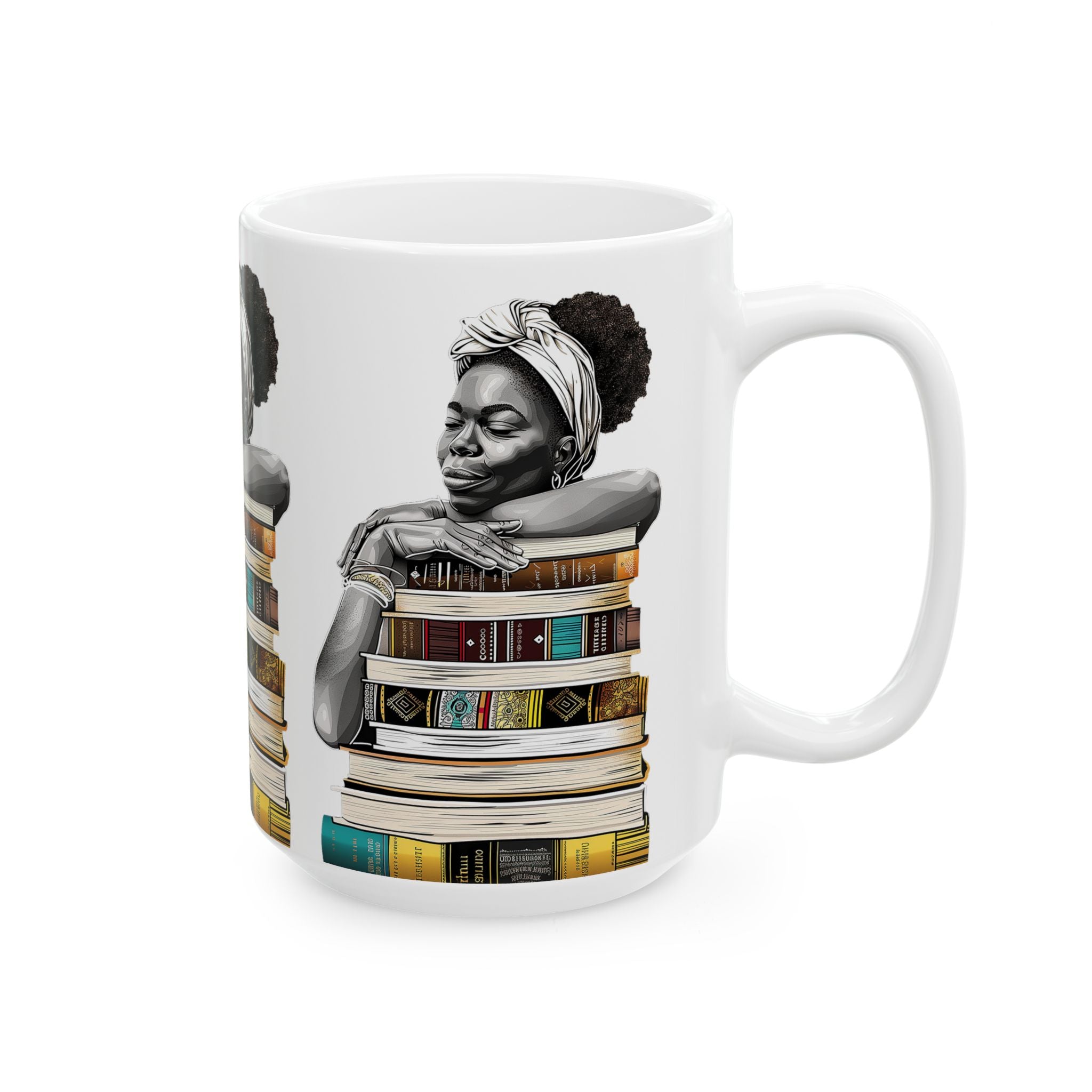 White coffee mug featuring an Afrocentric illustration of a peaceful Black woman embracing books, symbolizing education, knowledge, freedom, and generational legacy.