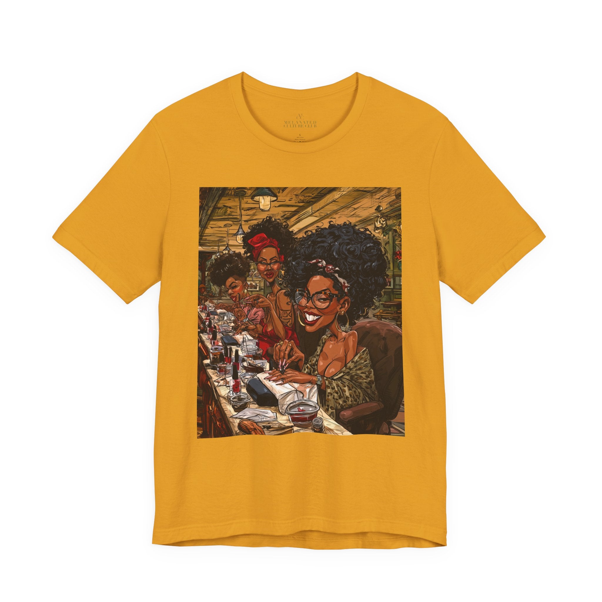 Black Women Nail Salon T-Shirt - Afrocentric Beauty Shop Graphic Tee - Black Girl Self Care Shirt - Color Mustard