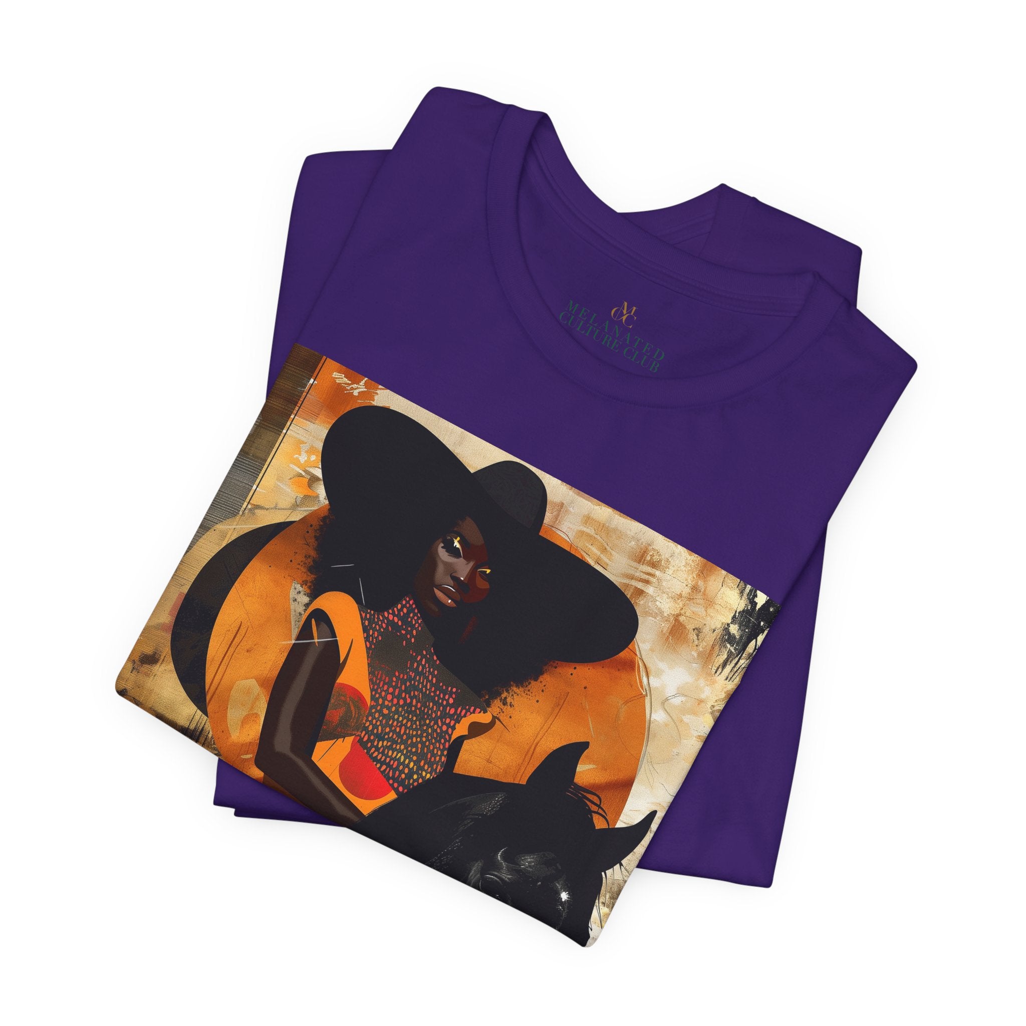 Afrocentric Black cowgirl t-shirt featuring a Black woman riding a stallion in an abstract collage art style, western-inspired graphic tee with cultural and modern aesthetic.