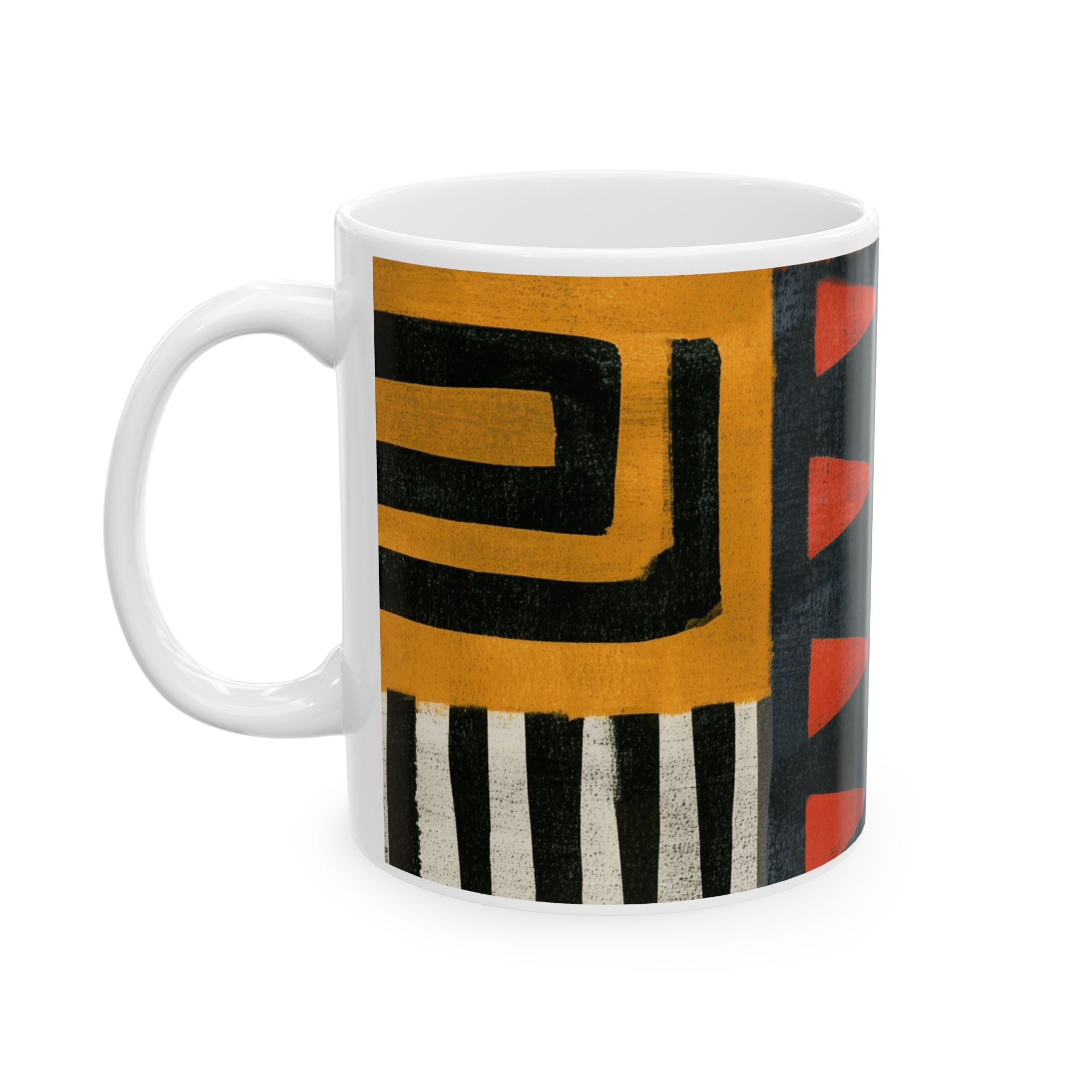 Left handle view of 11 oz Afrocentric abstract coffee mug featuring bold geometric shapes and textured patterns in red, gold, black, and cream, displayed against a white background.