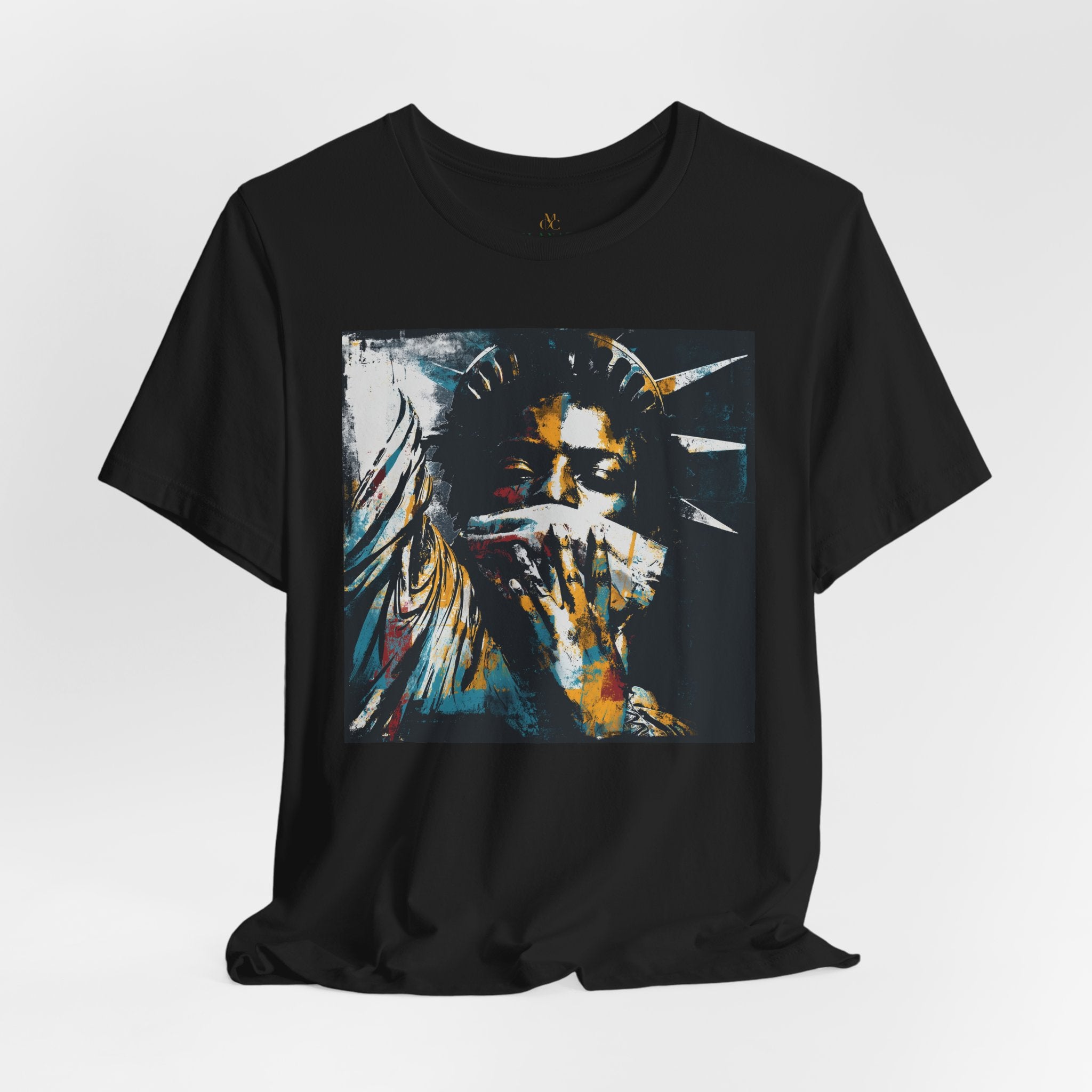Black woman depicted as Statue of Liberty with mouth covered by white cloth symbolizing silenced freedom of speech First Amendment protest art on tee shirt.