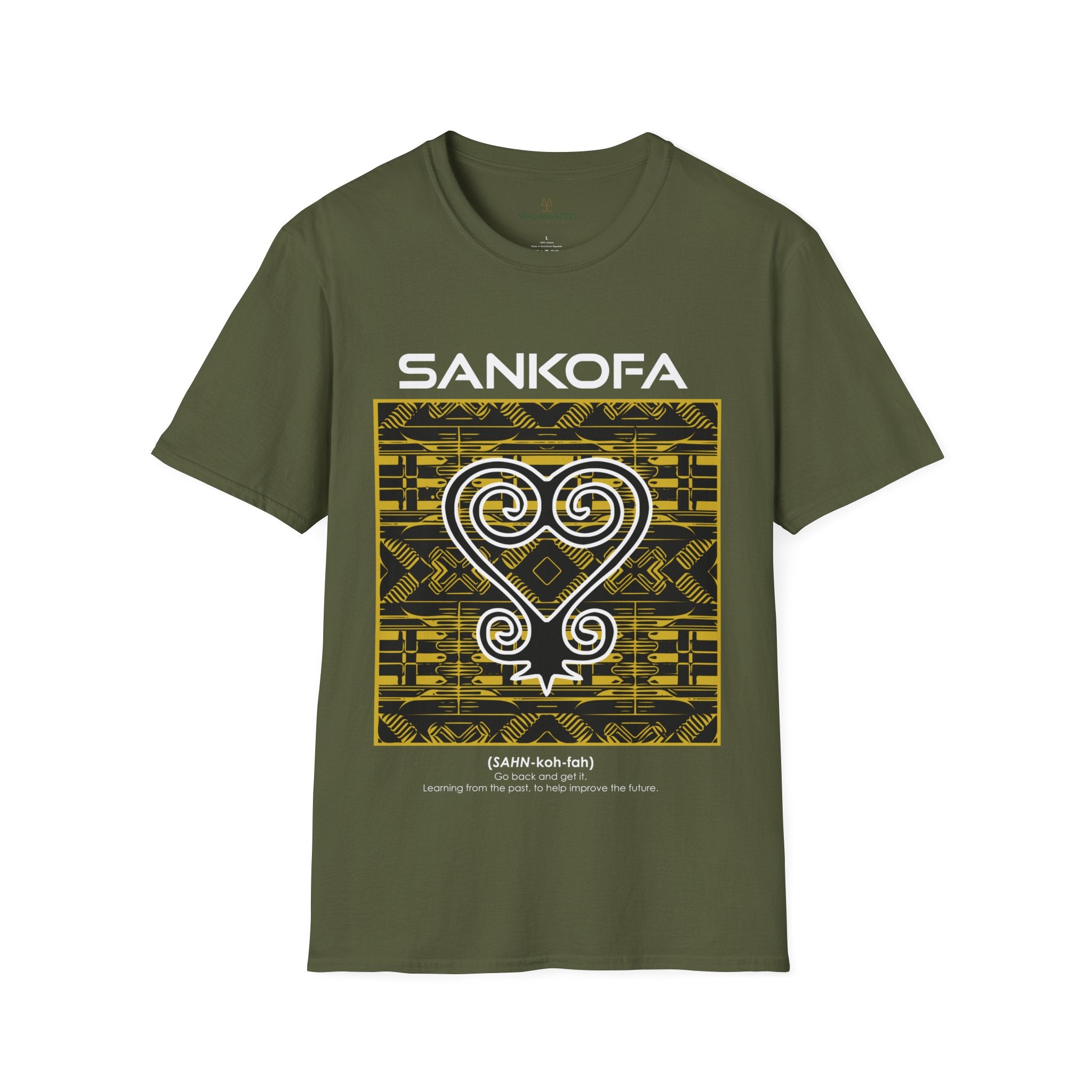 Adinka Sankofa African Tee Shirt in olive.