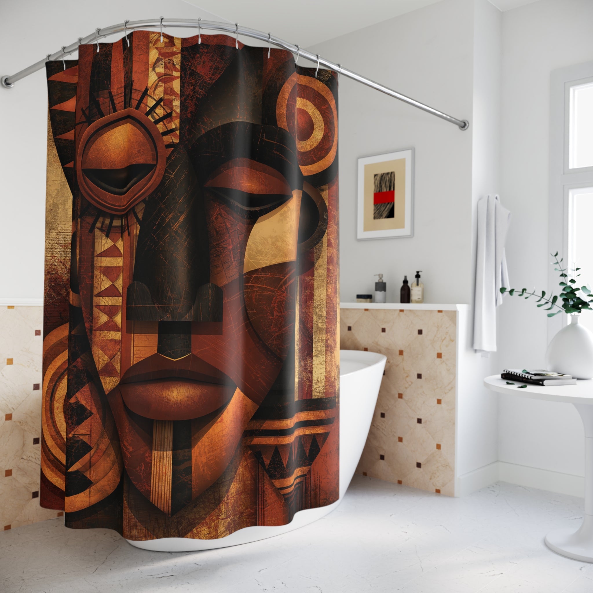 African Mask Abstract Shower Curtain hanging on a curved shower rod.