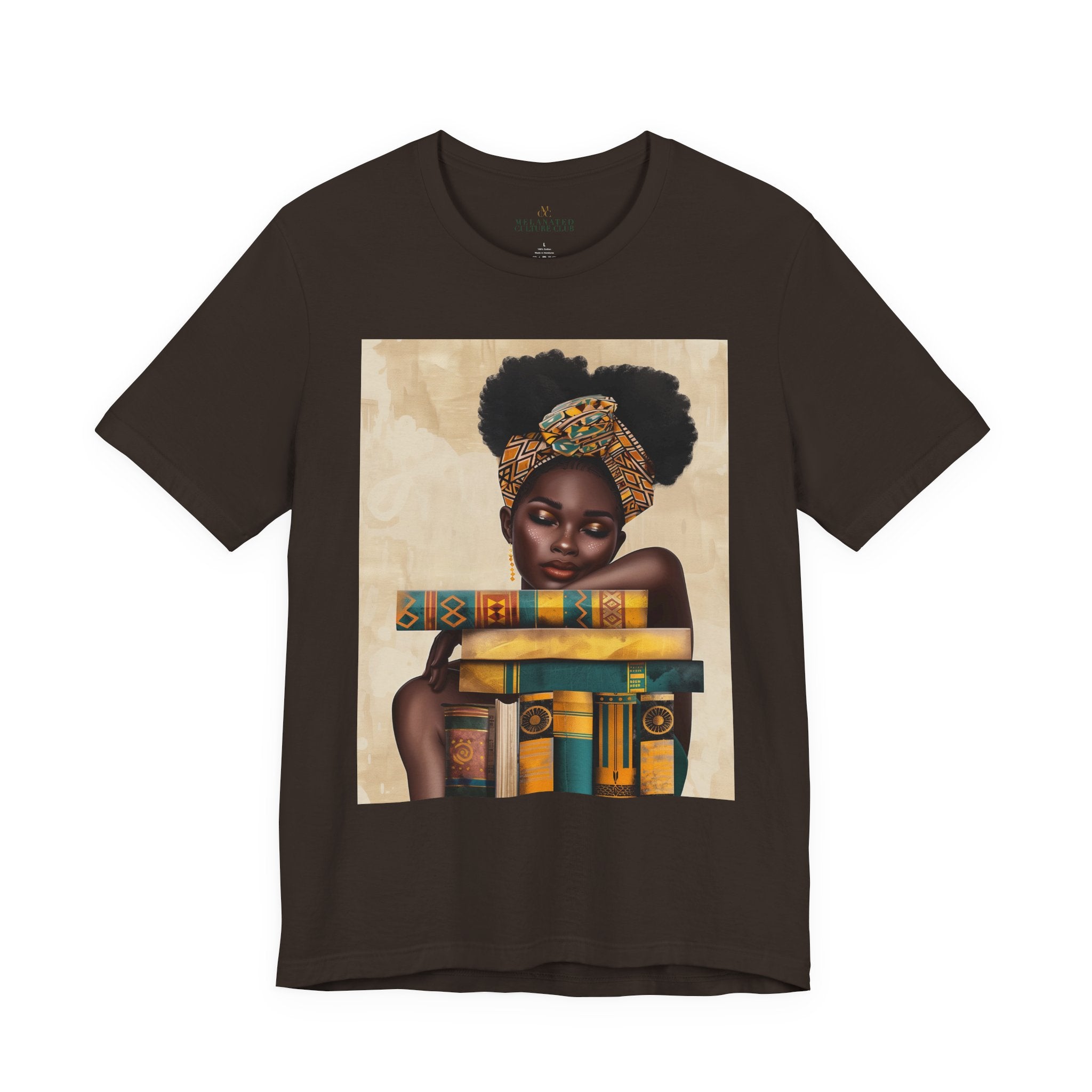 Afrocentric illustration of a young Black woman with a serene expression hugging a stack of books, symbolizing education, knowledge, legacy, and generational success.