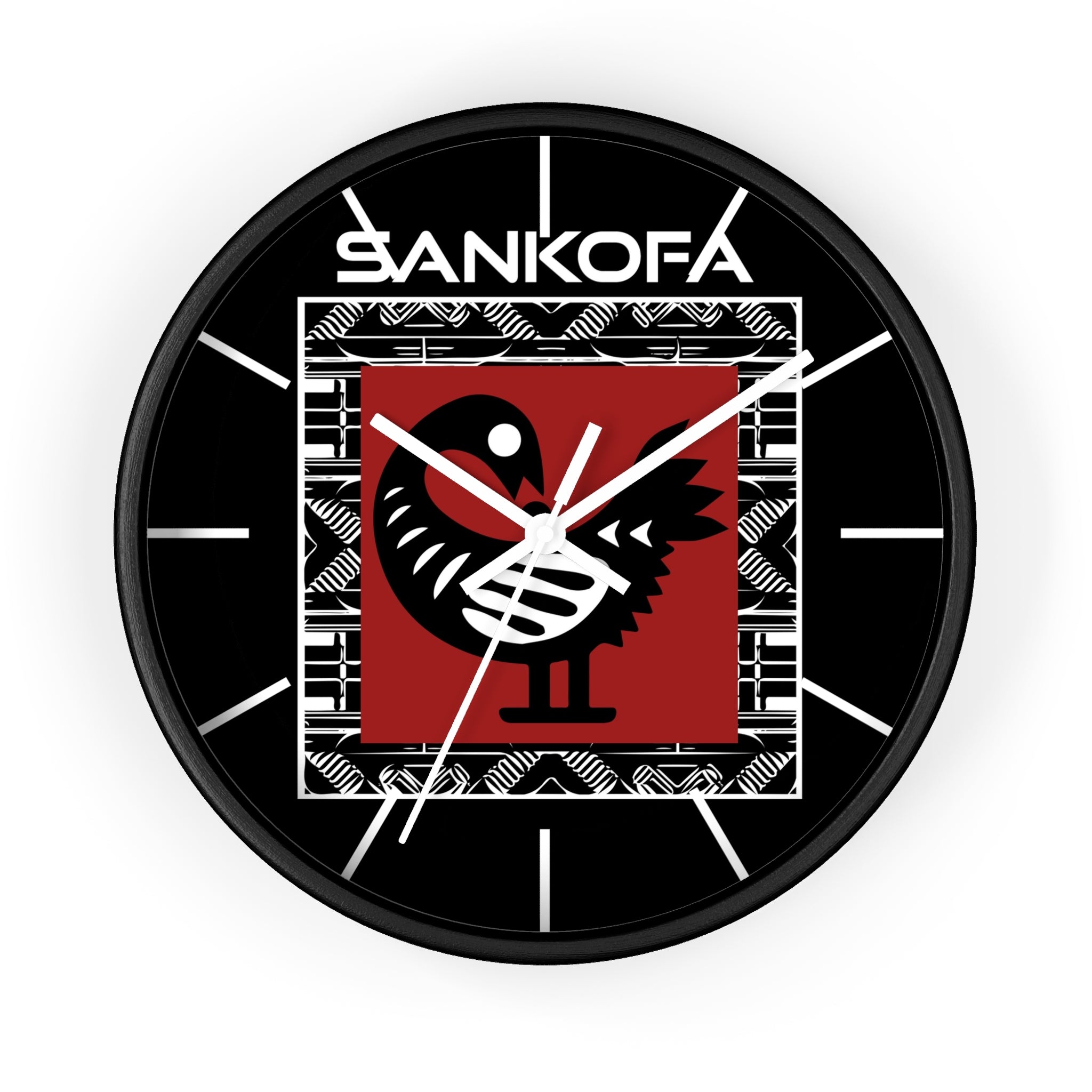 Adinkra Sankofa Wall Clock featuring the Ghanaian “Go Back and Get It” bird symbol. Afrocentric wall decor celebrating African heritage and ancestral wisdom.